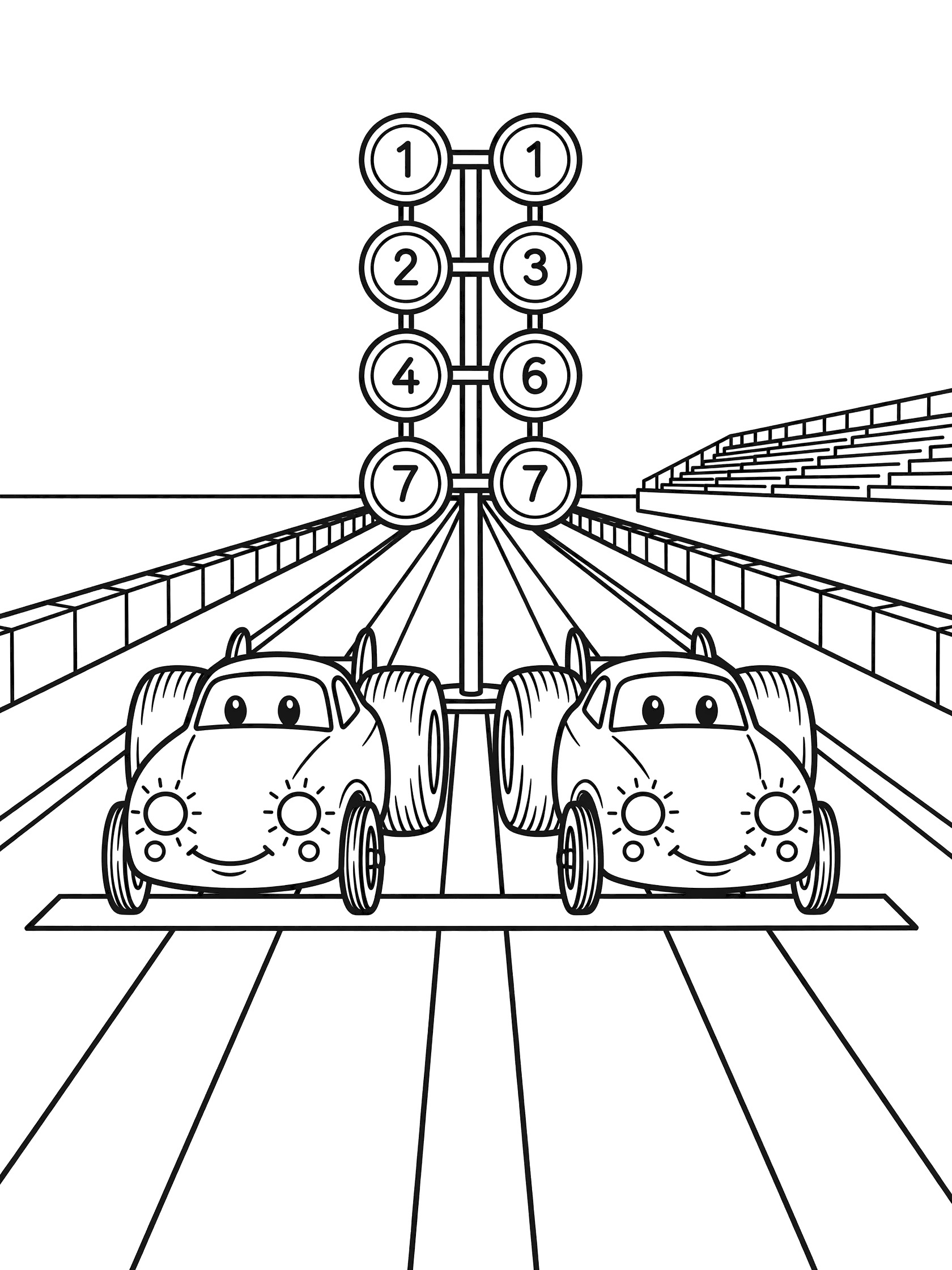 Black and white coloring page of two cartoon dragsters with happy faces at the starting line, Christmas tree light tower above, race track with stripes and bleachers.