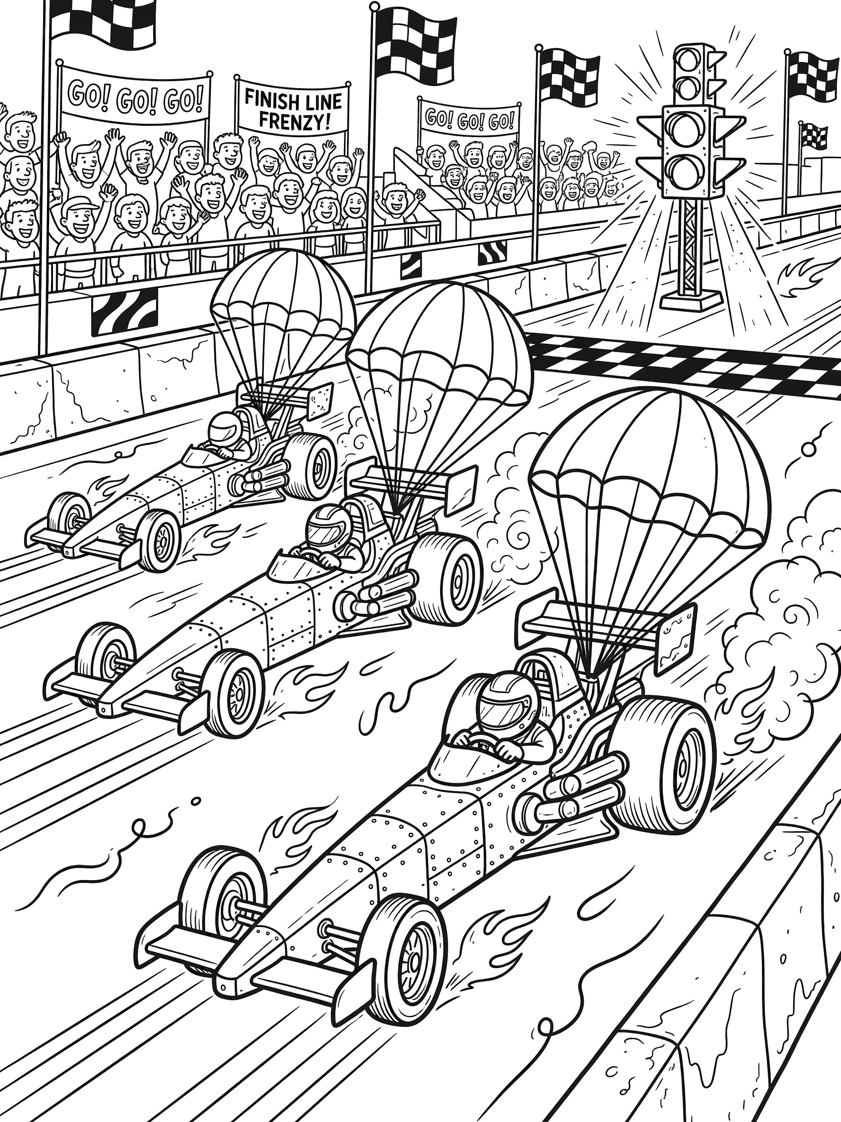 Black and white coloring page of three dragsters racing neck-and-neck over the finish line with deploying parachutes, tire smoke, checkered flags, and excited crowds.