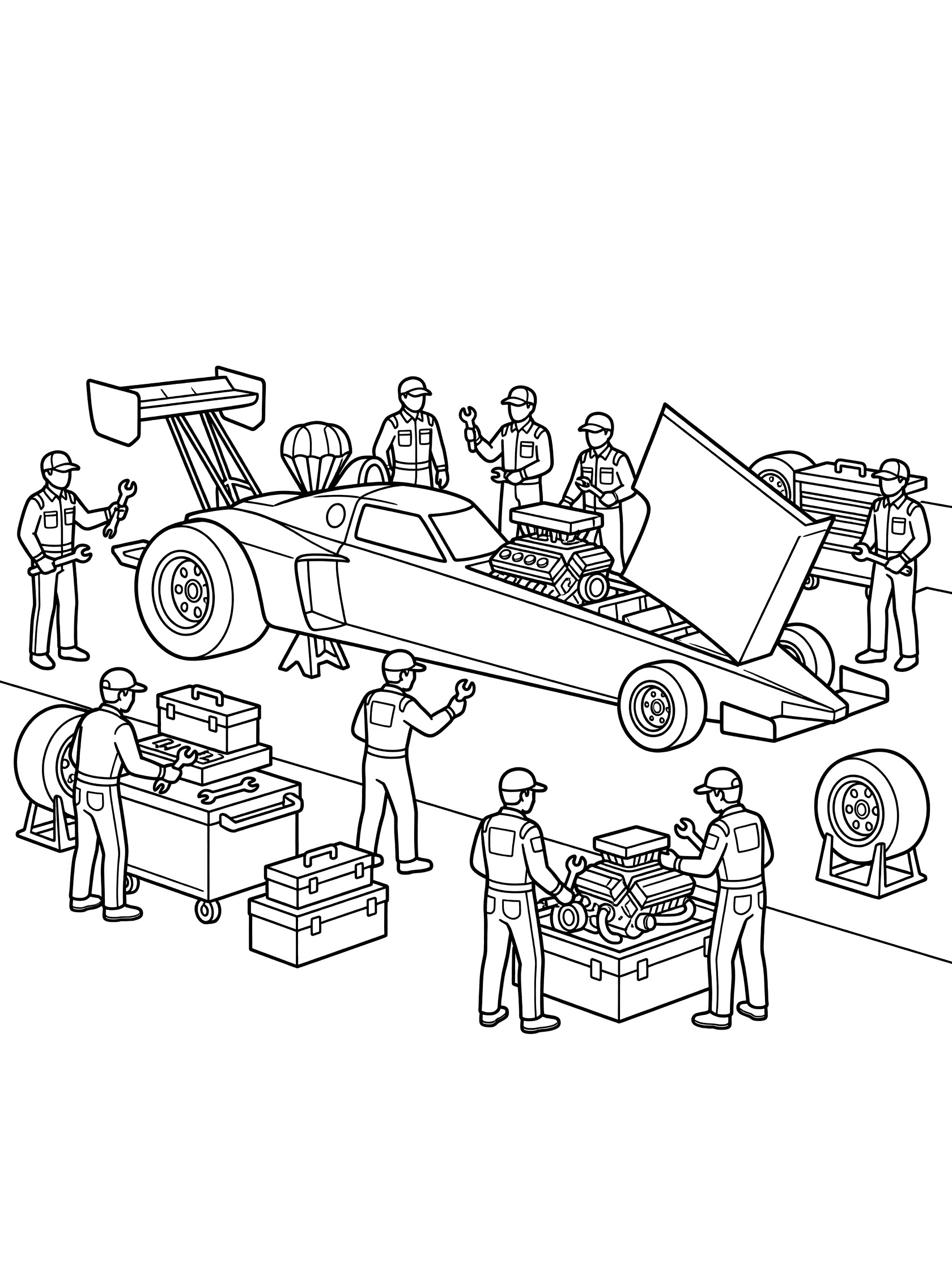 Black-and-white coloring page of dragsters pit display showing elevated dragster with parachute, exposed engine, crew in uniforms with wrenches, carts, toolboxes and spare tires.