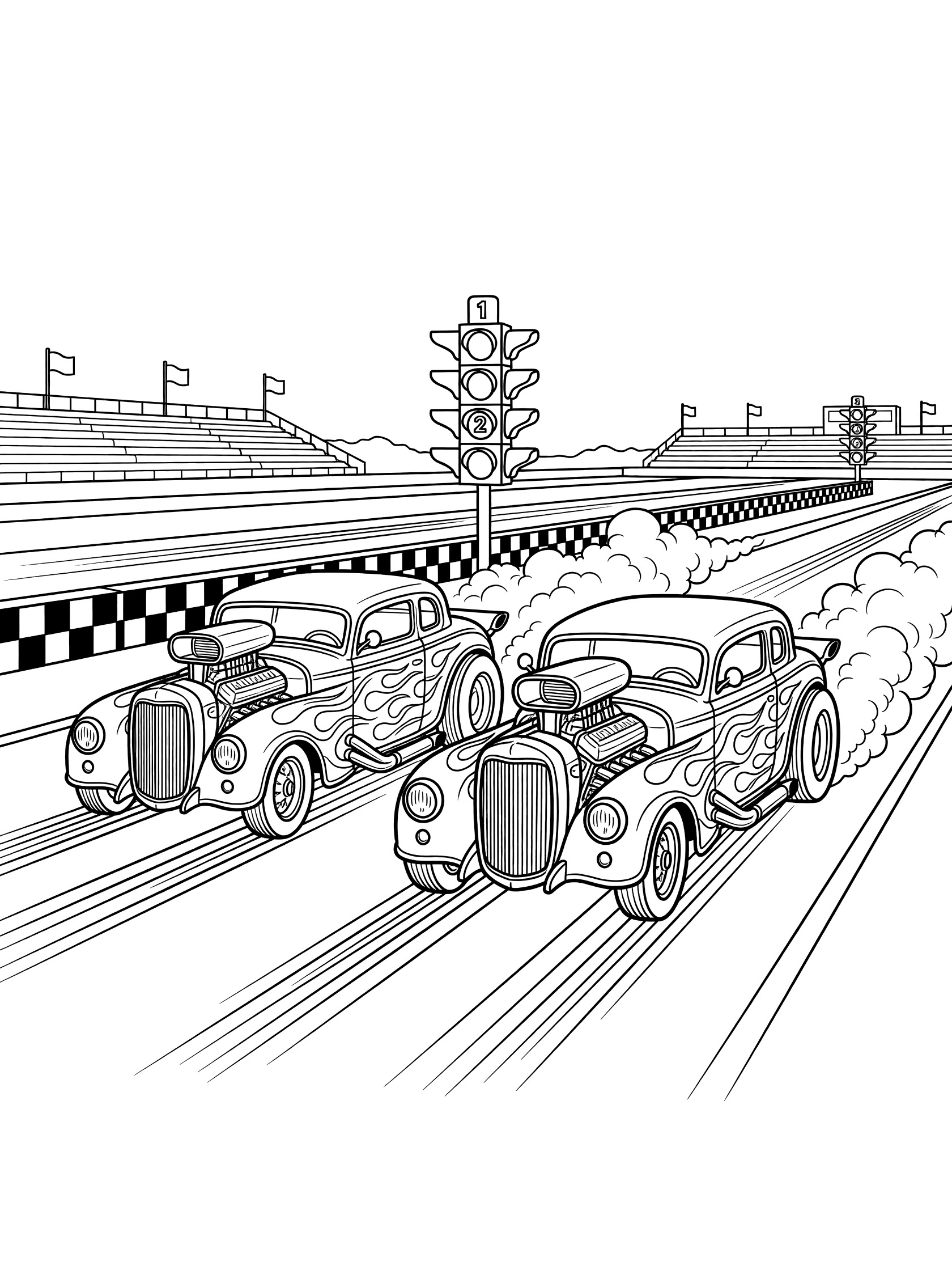 Black and white coloring page of two cartoon hot rods racing at the dragstrip, tires smoking, big headlights, flame designs, starting lights, and grandstands.