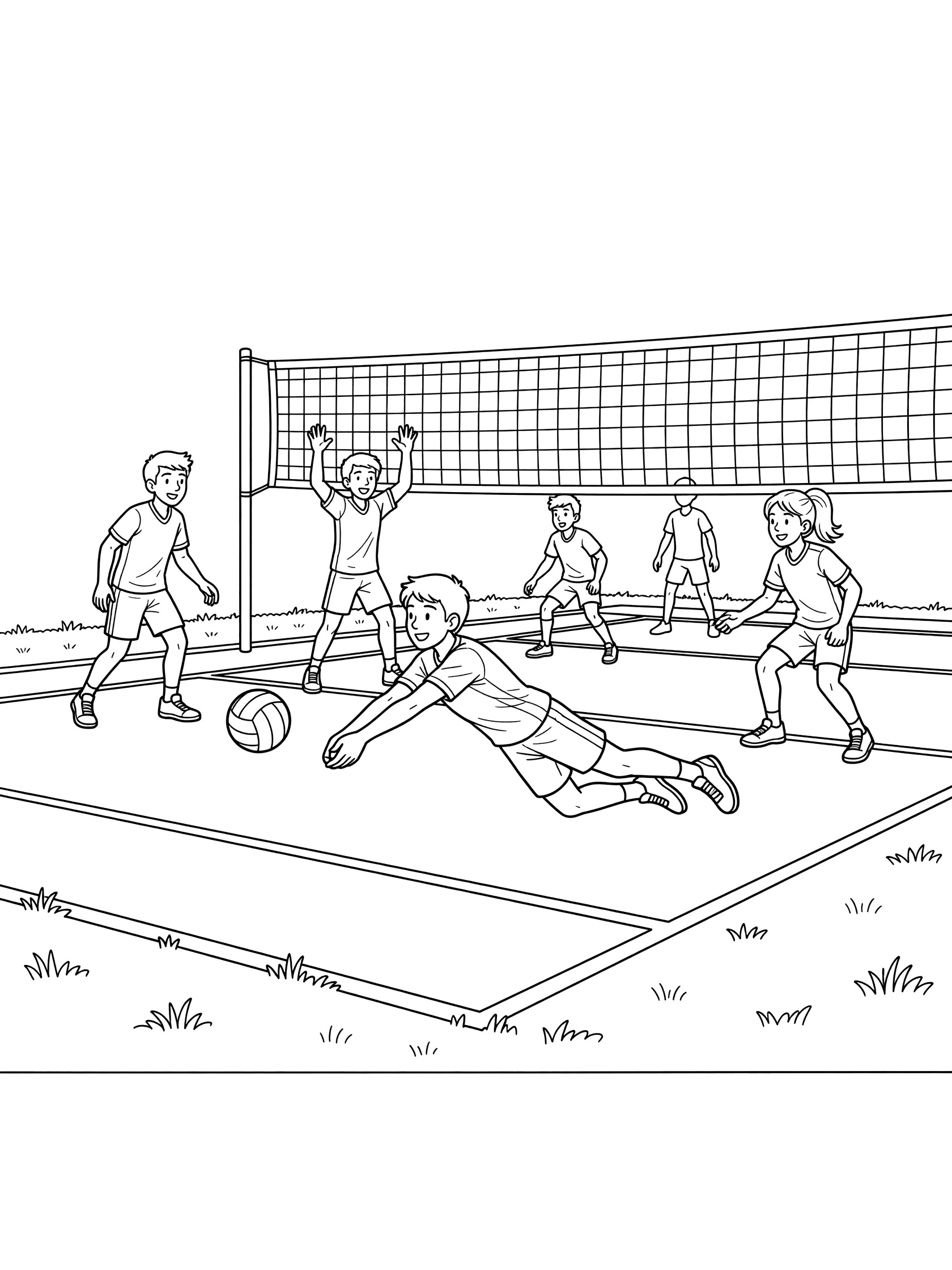 Black-and-white line art of a volleyball player diving across the court to save a low ball, with net, teammates reacting, grass edges, and painted lines.