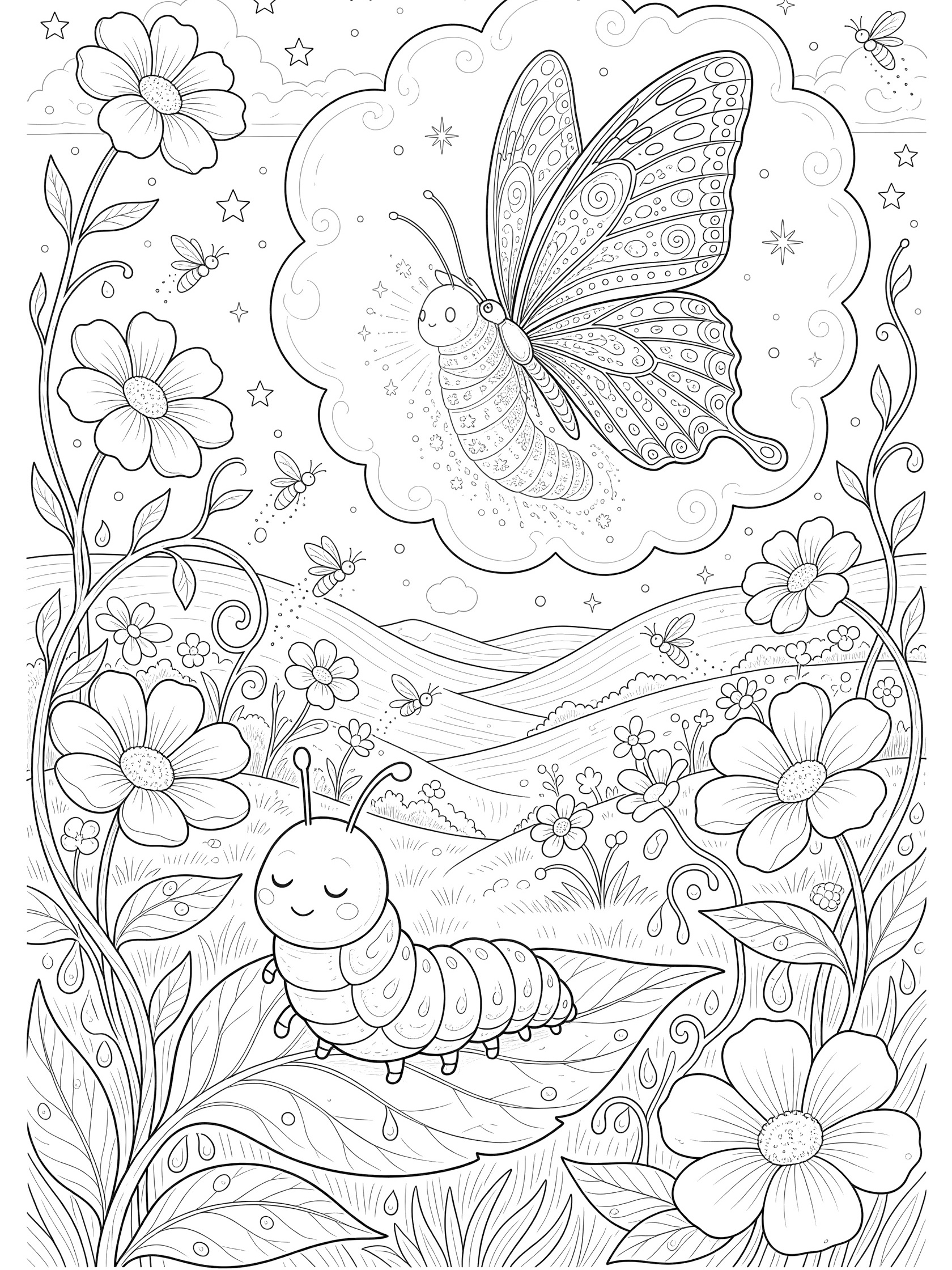 Black and white line art of a plump caterpillar sleeping on a leaf, with a thought bubble showing it as a butterfly, surrounded by a whimsical garden, fireflies, flowers, and starry hills.