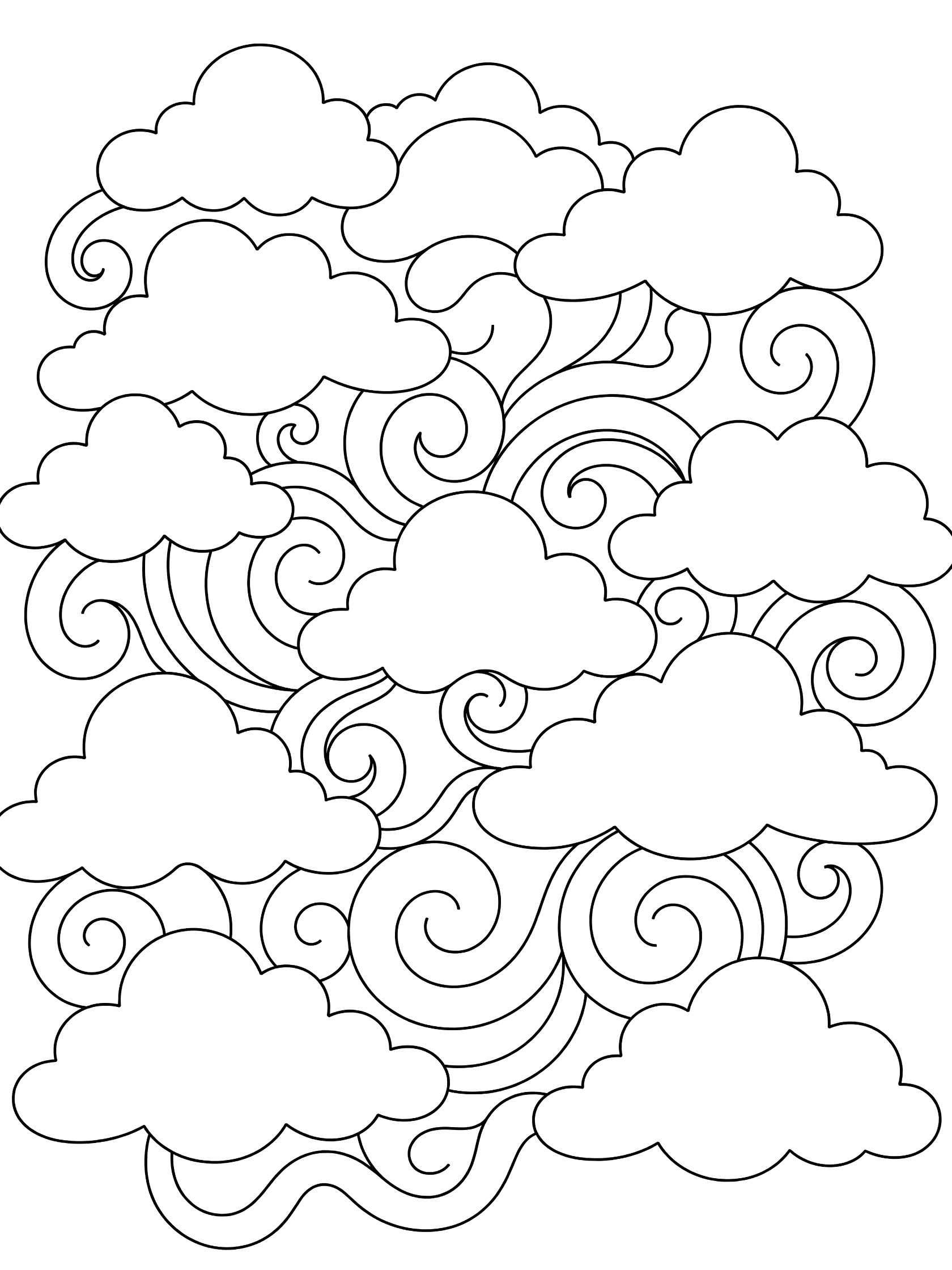 Black and white printable coloring page of fluffy clouds connected by swirling lines in a dreamy pattern. Bardot themed black and white printable line art