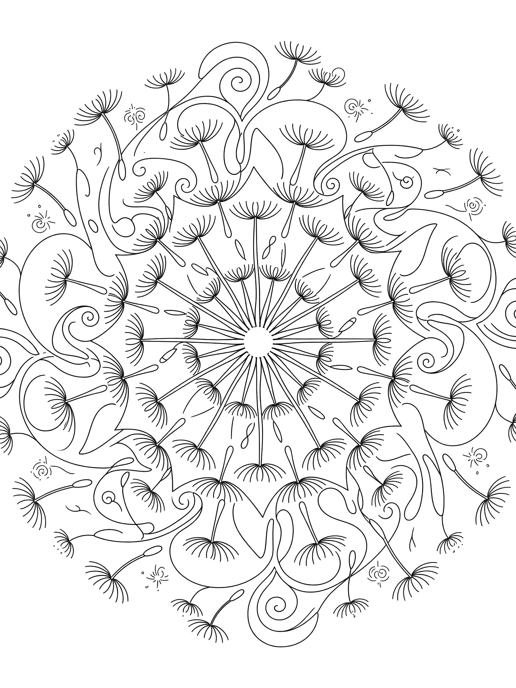 Black and white line art of a symmetrical dandelion mandala with fluffy seeds floating into leaf patterns and swirls, centered on white background.