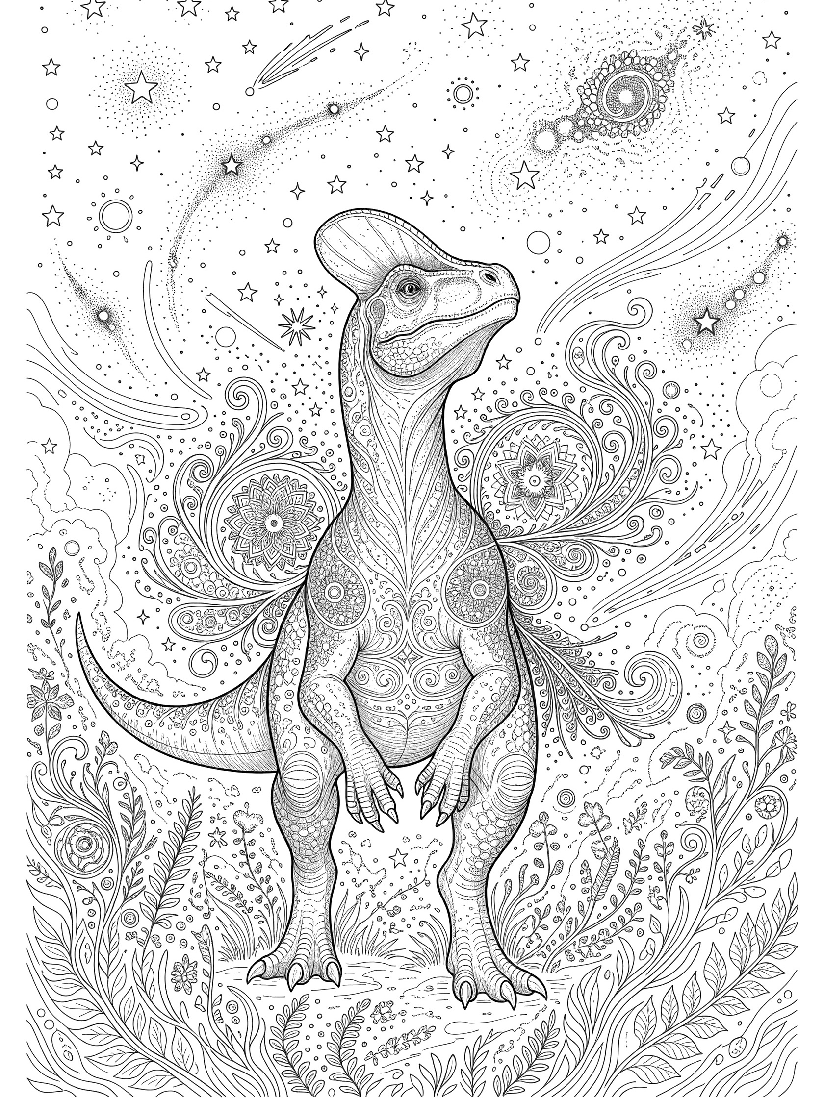 Black-and-white line art coloring page showing a Monolophosaurus dinosaur with elongated crest, intricate mandala patterns, starry night sky, ferns, and nebula designs.