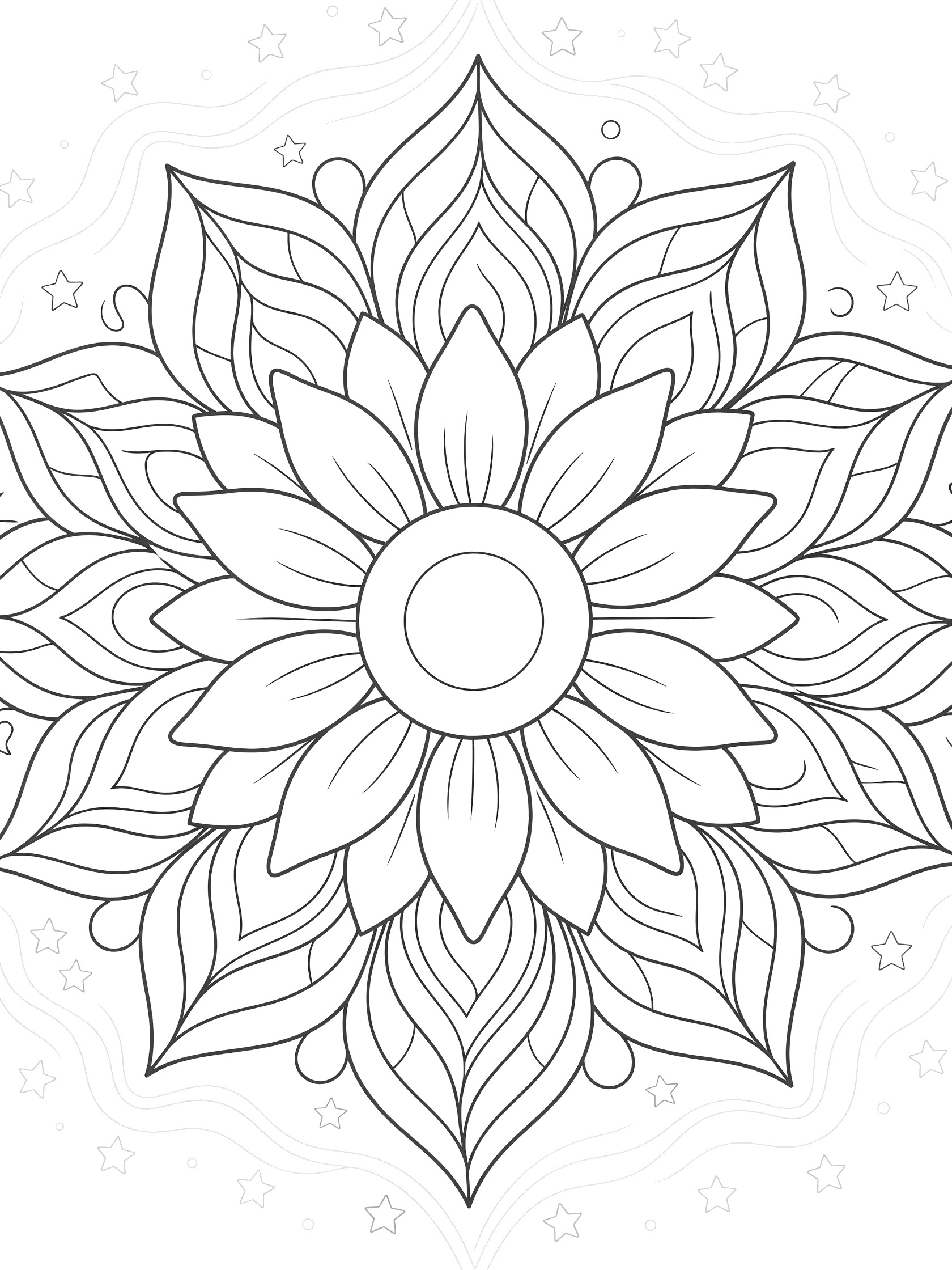 Symmetrical sunflower mandala coloring page featuring a central blooming sunflower with curving petals, layered leaf patterns, ethereal stars and wave motifs in clean line art.