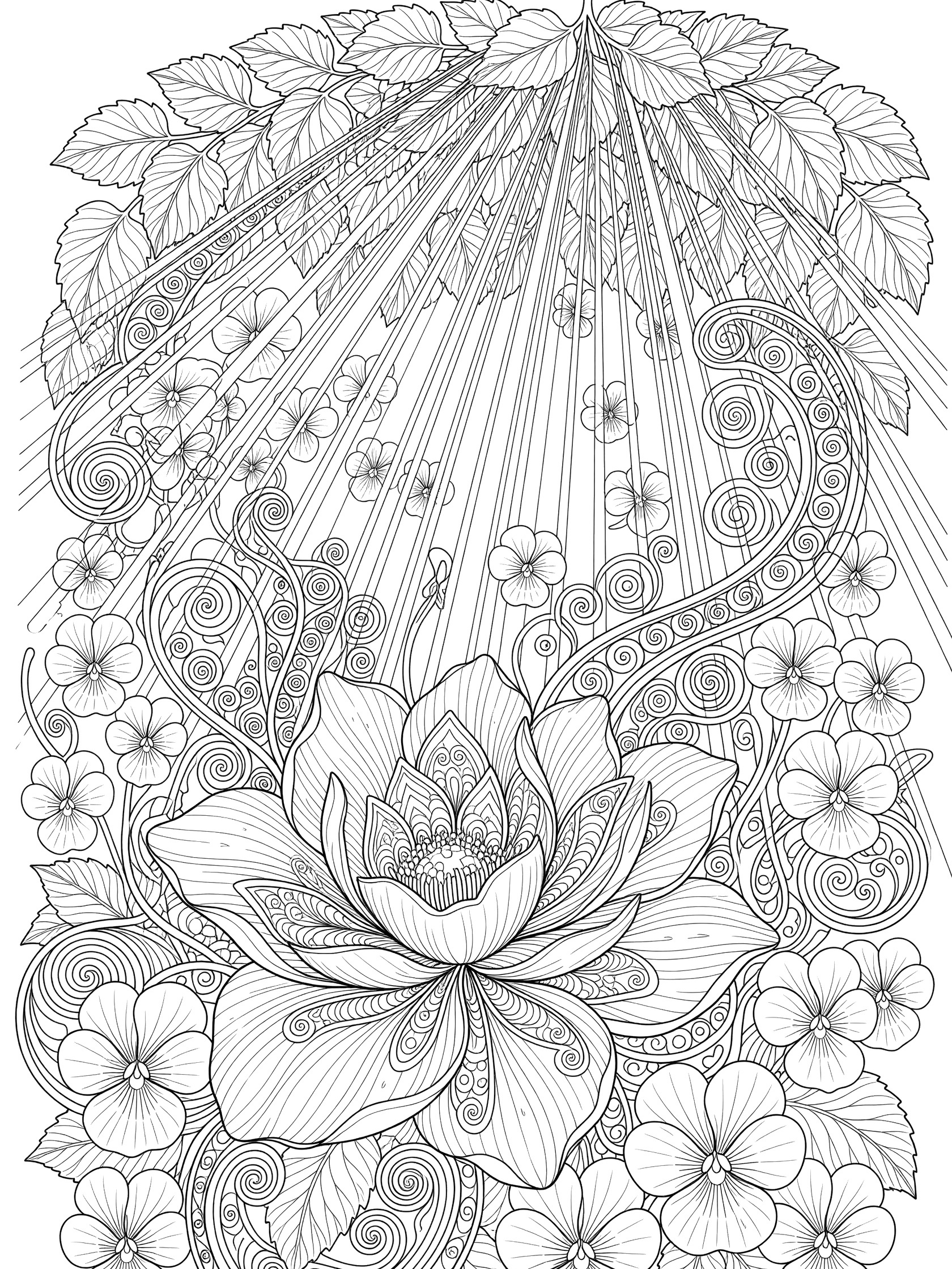 Detailed line art coloring page showing a big violet flower in bloom with intricate petals, sun rays shining through leaves, clusters of small violets, and fantasy tendrils.