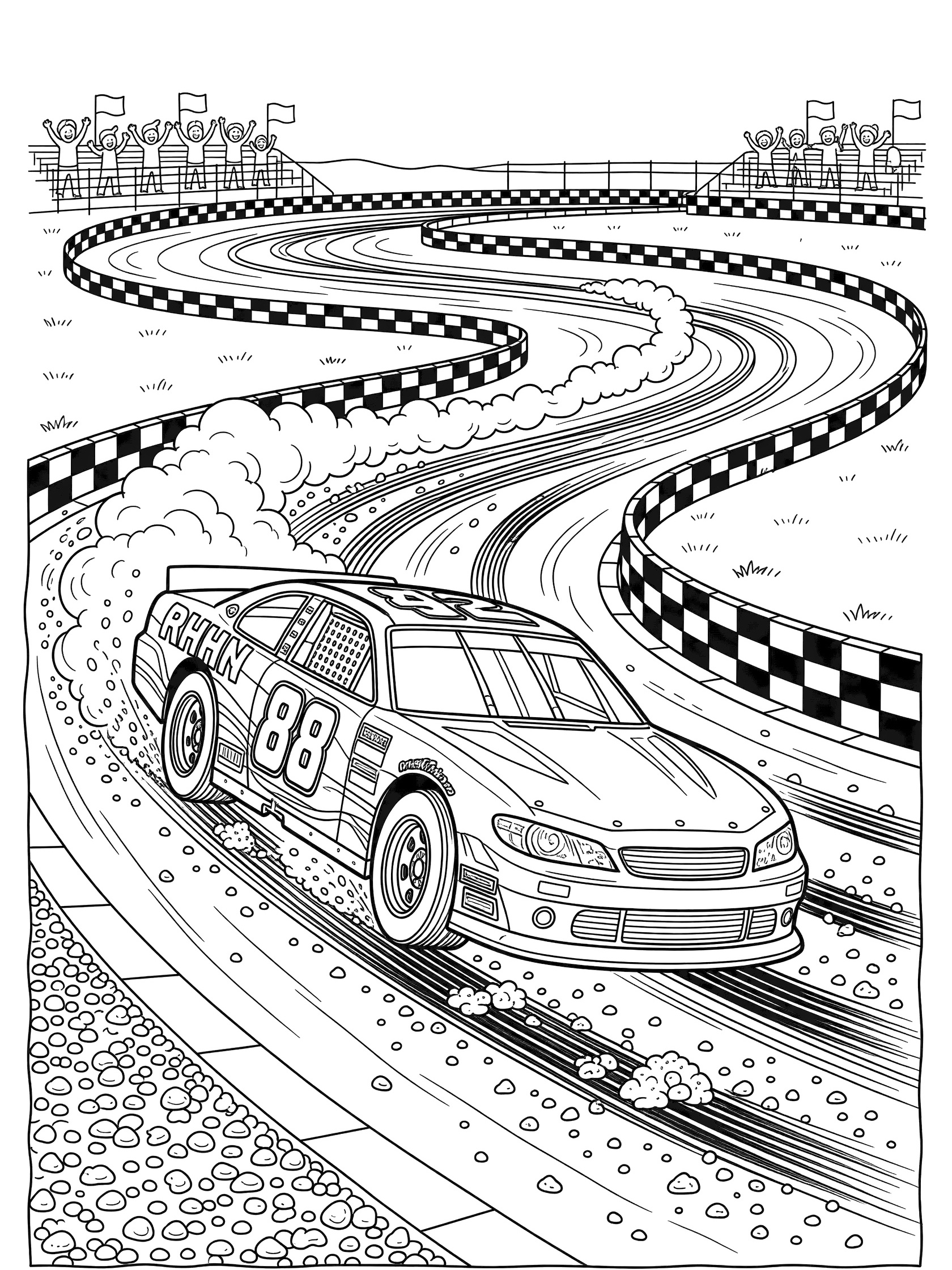 Black and white line art of a stock car numbered 88 drifting at an angle through a twisting racetrack corner, with tire smoke, gravel, skid marks, checkered barriers, and spectator bleachers.