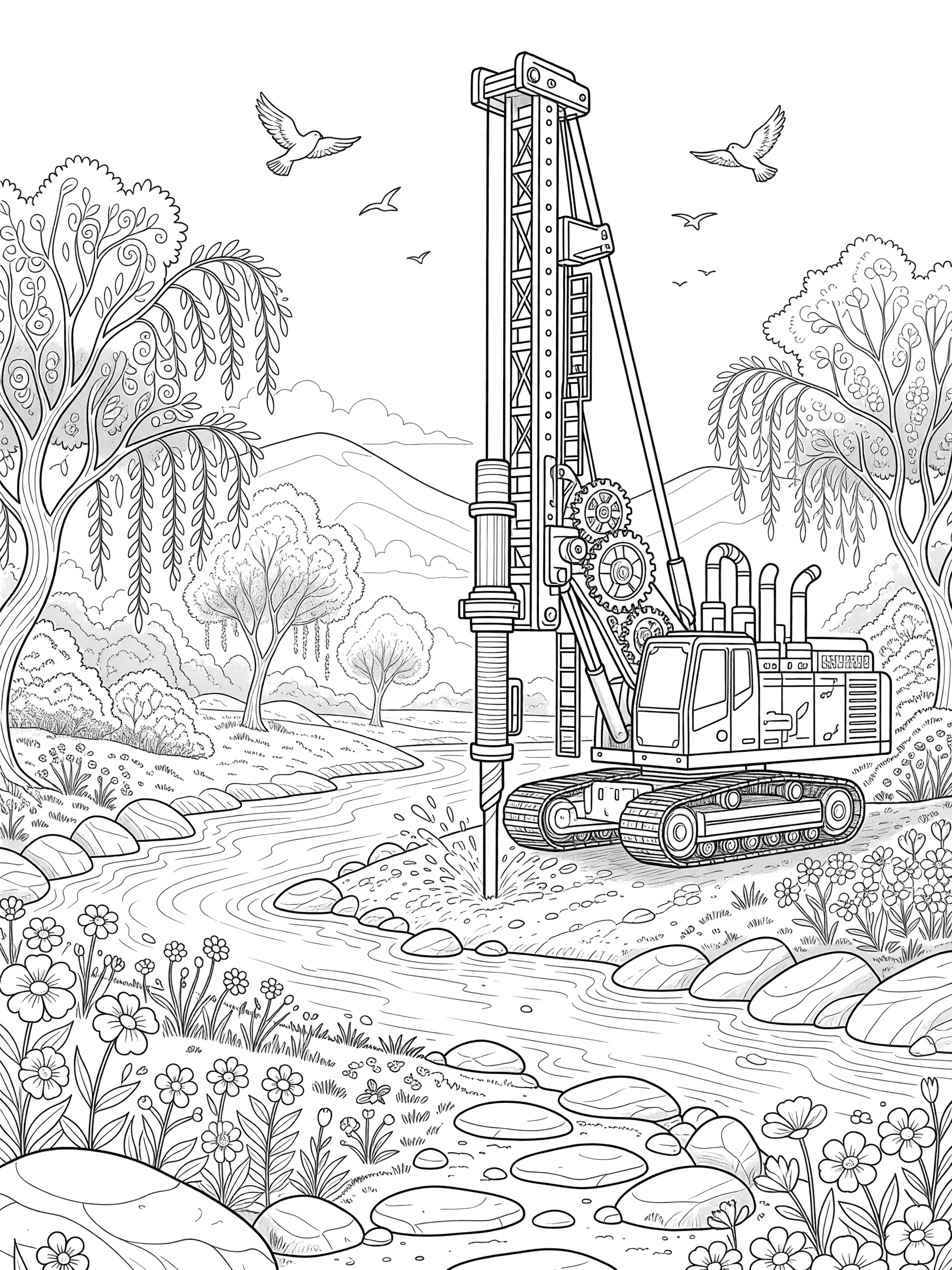 Black and white line art coloring page showing a drill rig by a riverside with trees, flowers, rocks, river, and birds.
