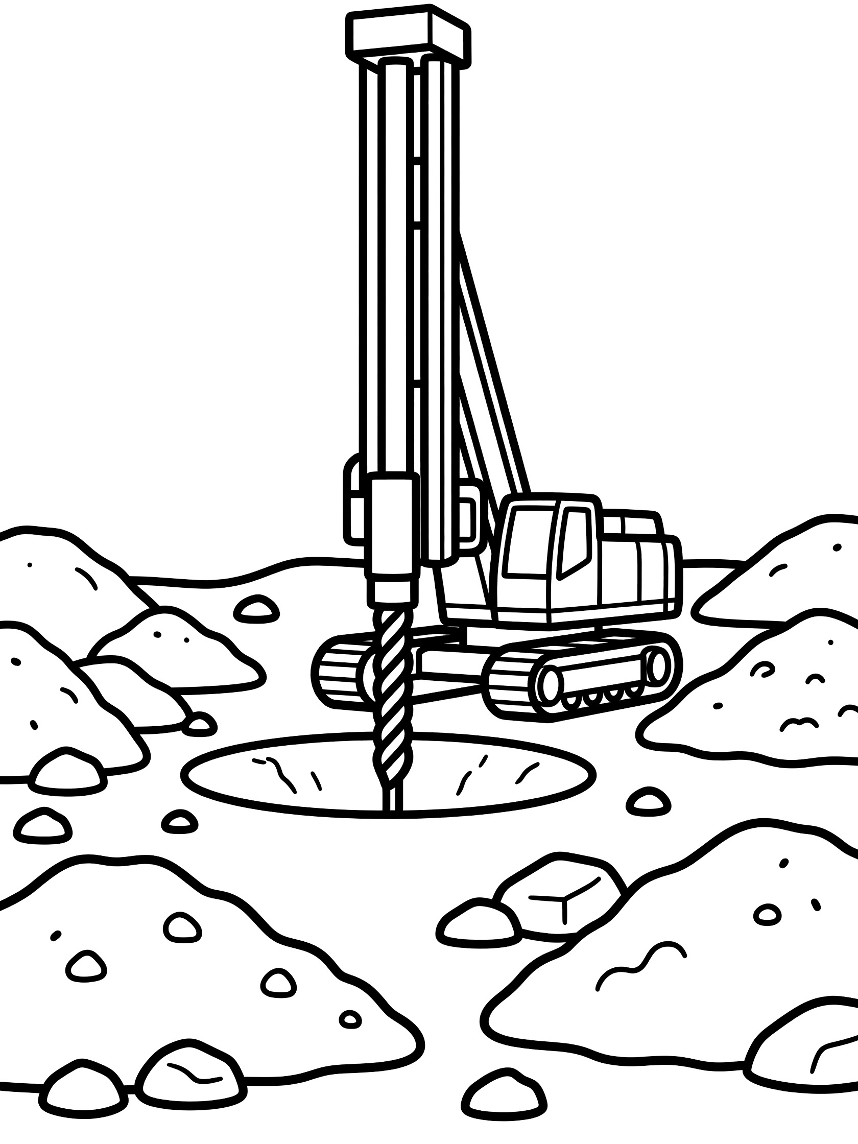Black and white line art coloring page showing a tall drill rig on tracks drilling into a hole surrounded by dirt piles and rocks.