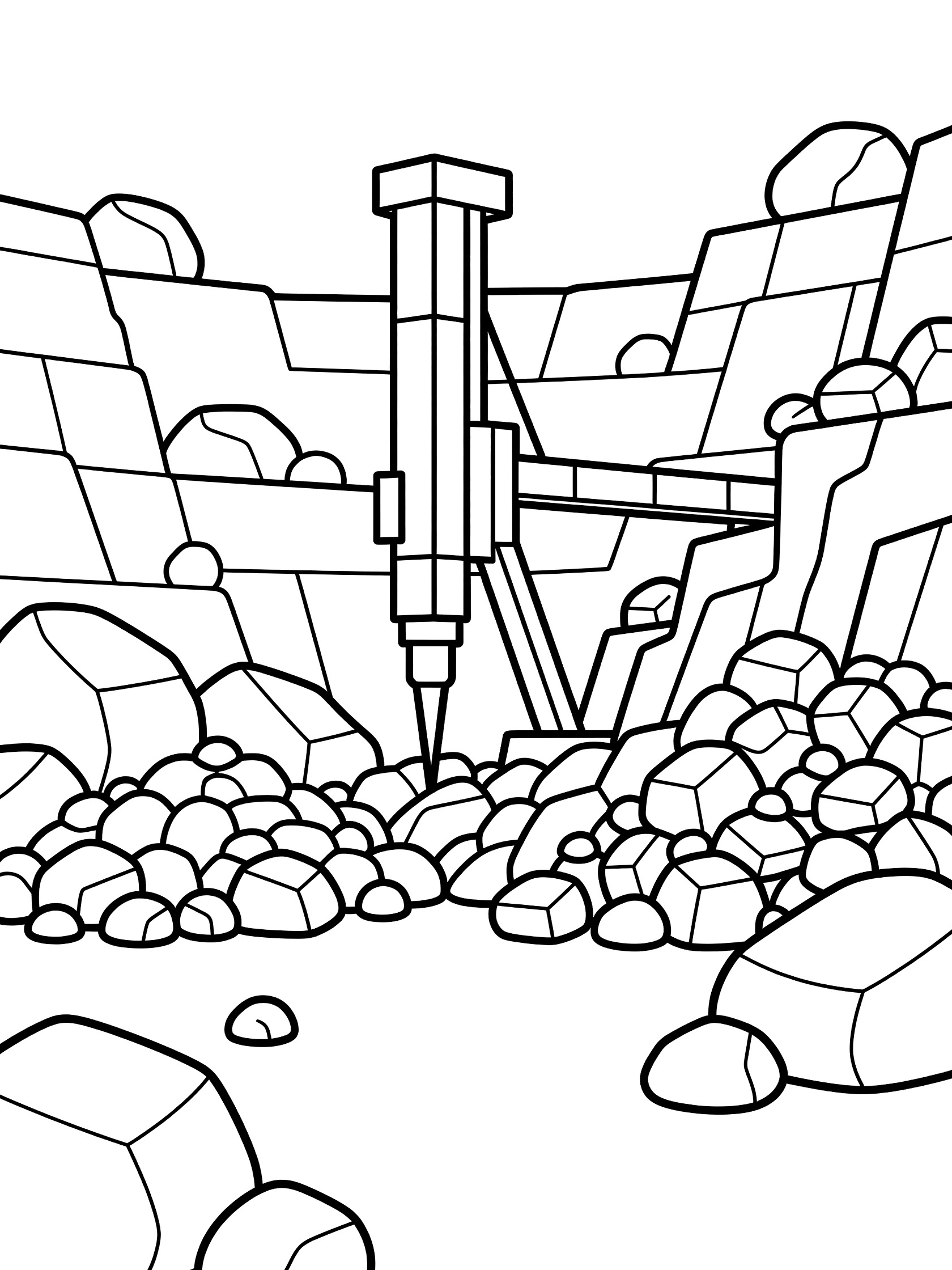 Line art coloring page showing a drill rig with tall tower and drill bit surrounded by large rocks and quarry cliffs