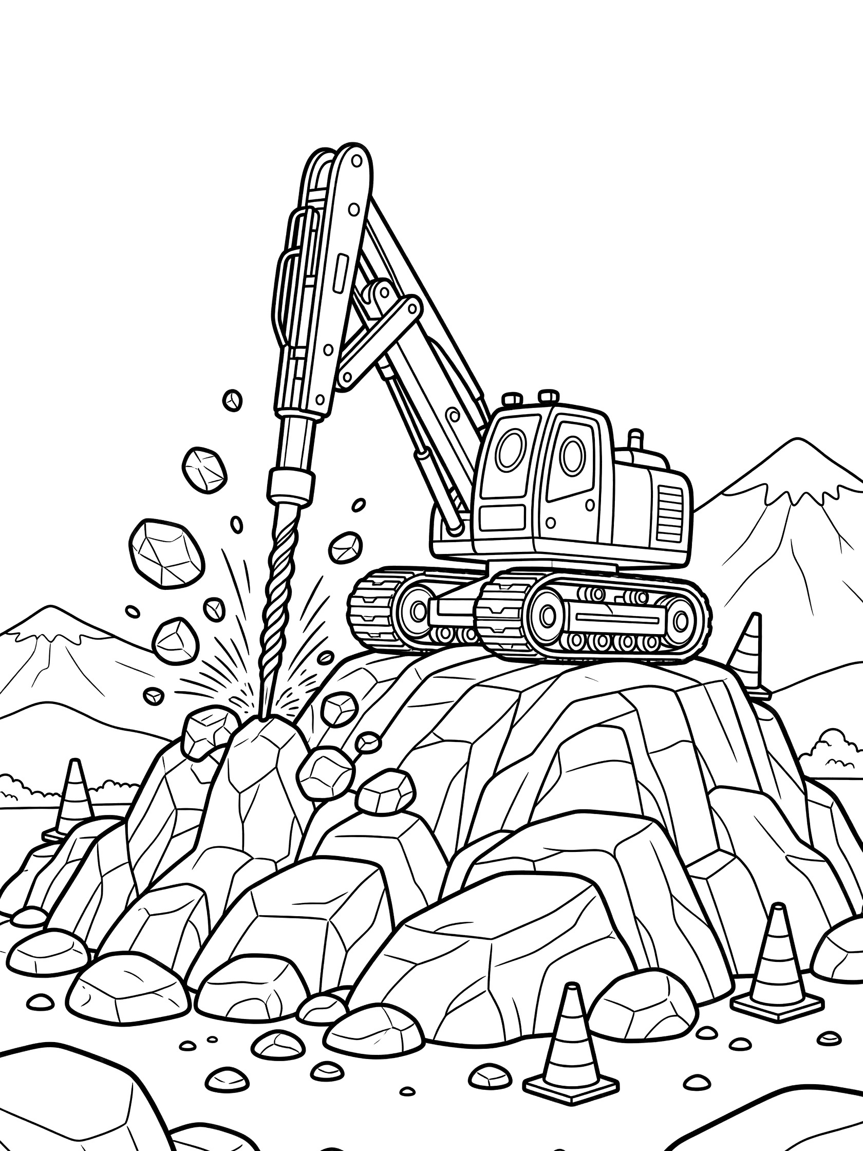 Cute cartoon drill rig on steep rocky hill coloring page, with extendable arm, spinning drill bit, oversized treads, operator cabin, boulders, cones, and distant peaks.