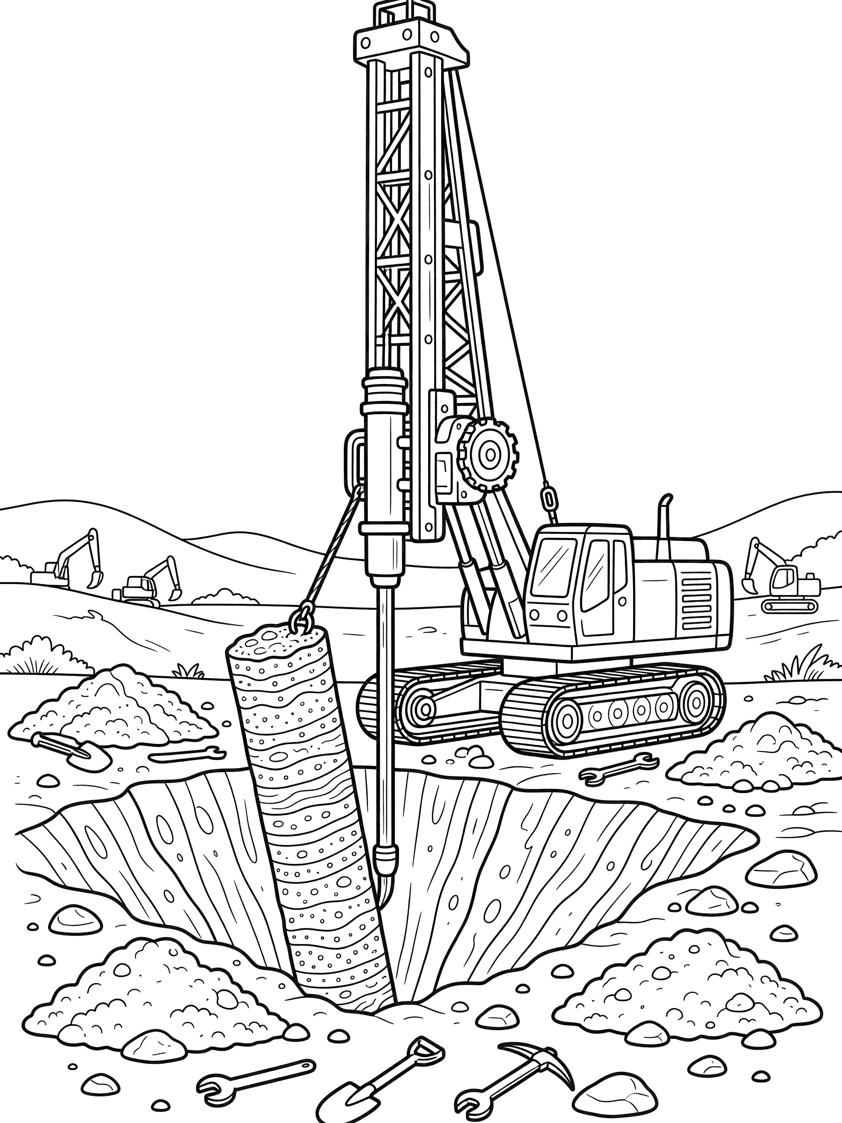 Black and white line art coloring page showing a tall drill rig extracting a striped cylindrical core sample from a dig site with dirt piles, rocks, shovels, picks, and background hills.