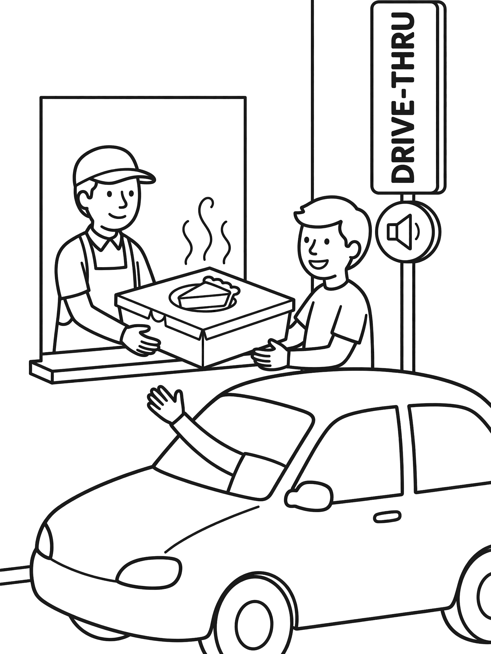 Line art coloring page showing drive-thru worker handing steaming apple pie in a box to car driver, with order speaker and sign.