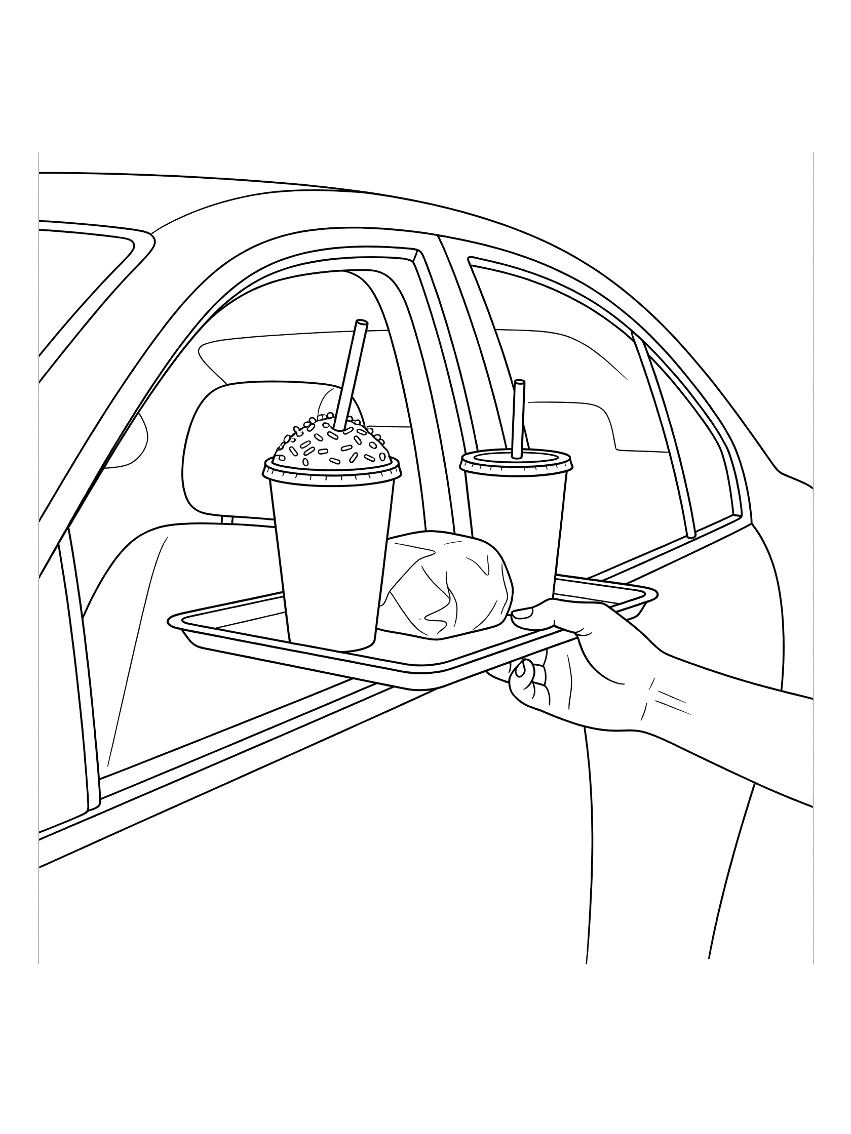Black and white line art of a hand grabbing a drive-thru tray with milkshake, soda cup, and burger wrapper from open car window