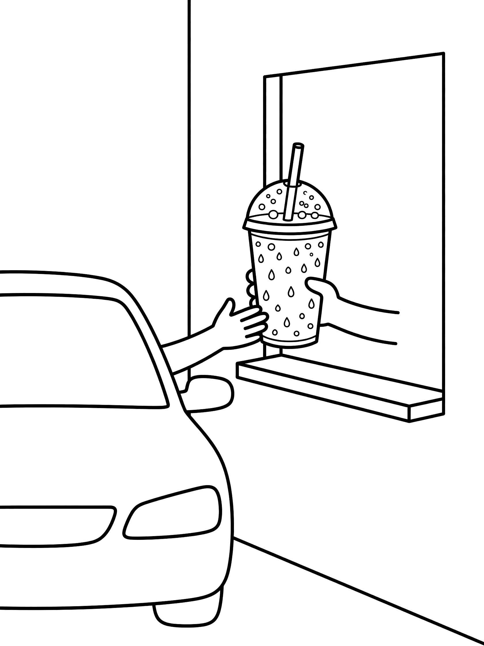 Line art coloring page showing a hand from a drive-thru window handing a large soda cup with straw, lid, bubbles and water drops to a car at fast food pickup.