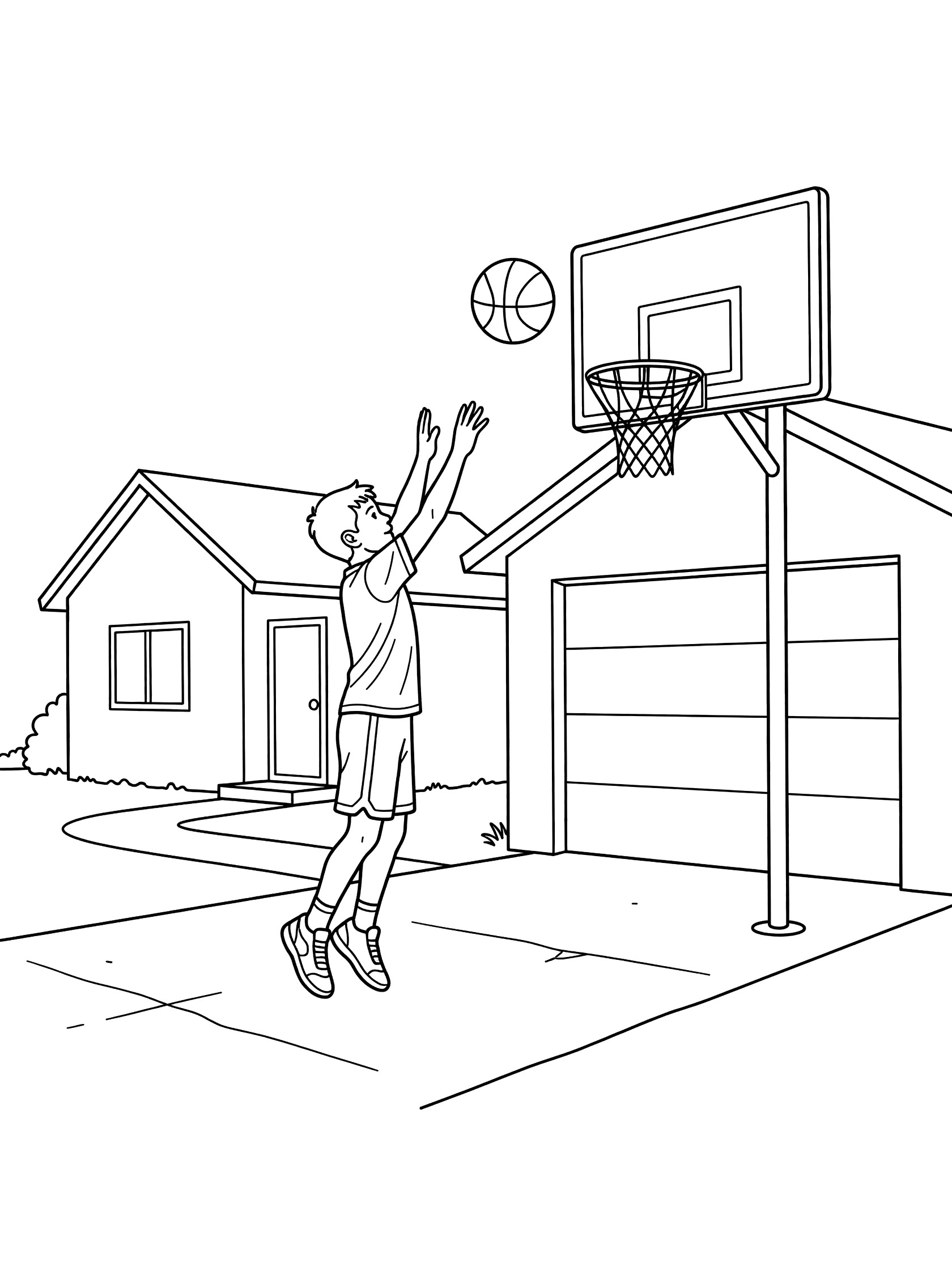 Black and white line art of a boy in a fadeaway jump shot releasing the basketball toward the hoop on a garage in a driveway, with house nearby.