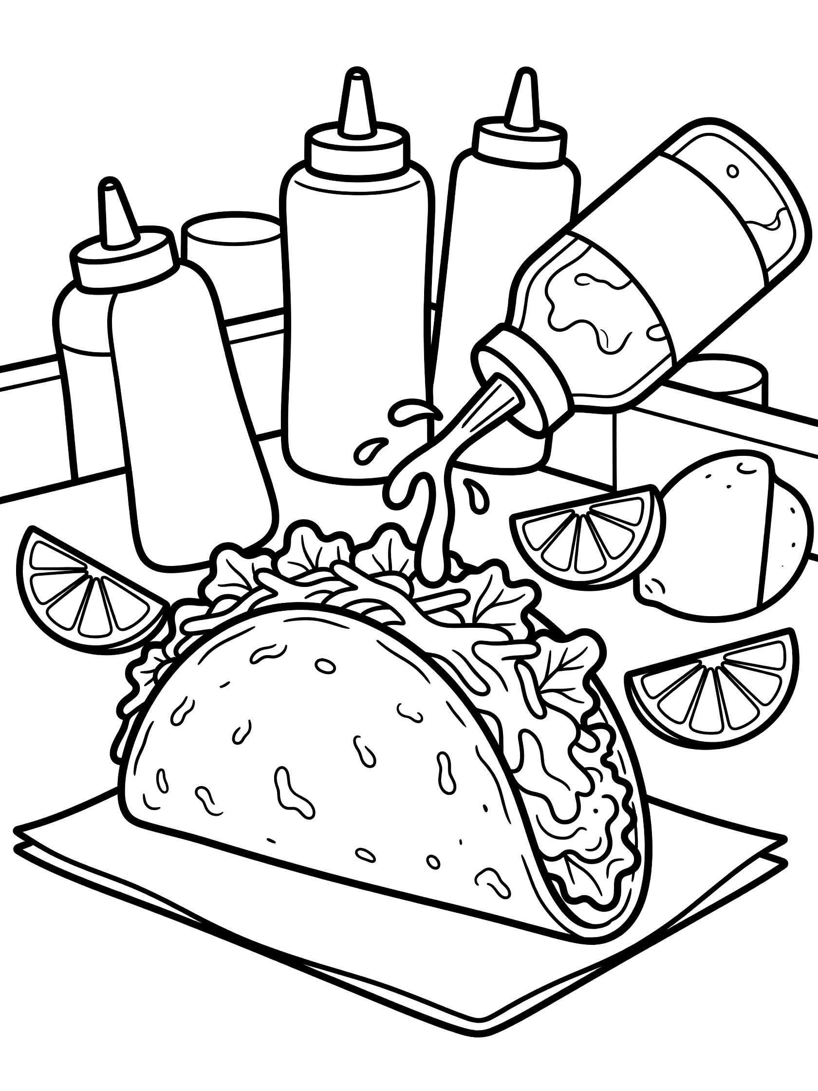 Printable coloring page showing a crispy taco with lettuce and cheese, sauce drizzling from a tilted bottle, lime wedges, and condiment squeeze bottles on a napkin