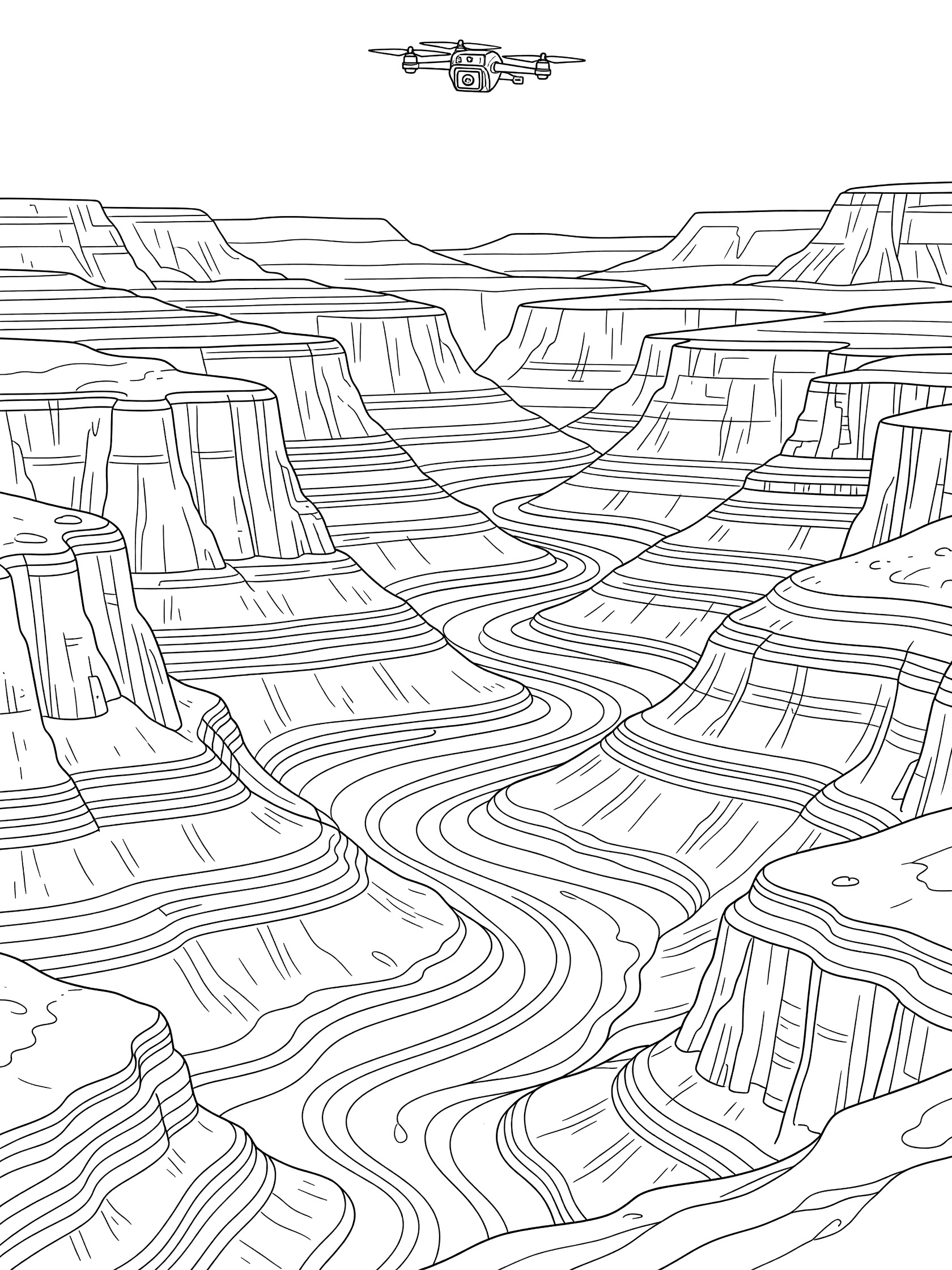 Printable coloring page showing a drone exploring Valles Marineris canyon on Mars with layered cliffs and plateaus