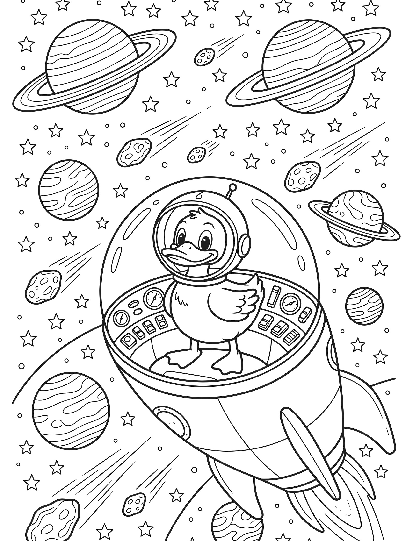 Black and white line art coloring page showing a cute duck wearing a helmet inside a rocket cockpit, surrounded by stars, planets, asteroids, and control panels.