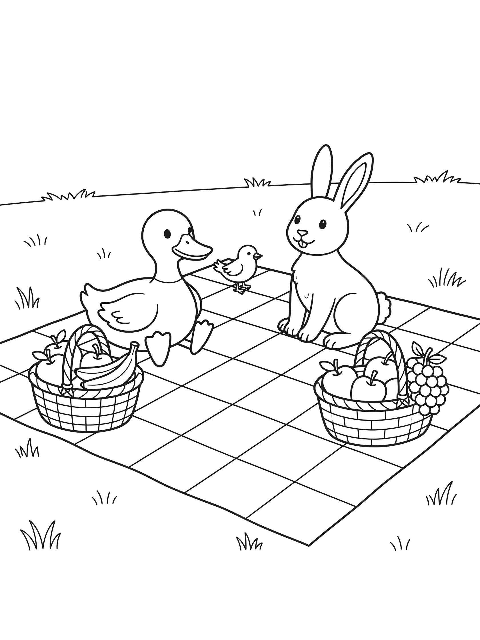 Black and white line art coloring page showing a duck, bunny and small bird picnicking on checkered blanket over grass with baskets of apples, grapes and bananas.