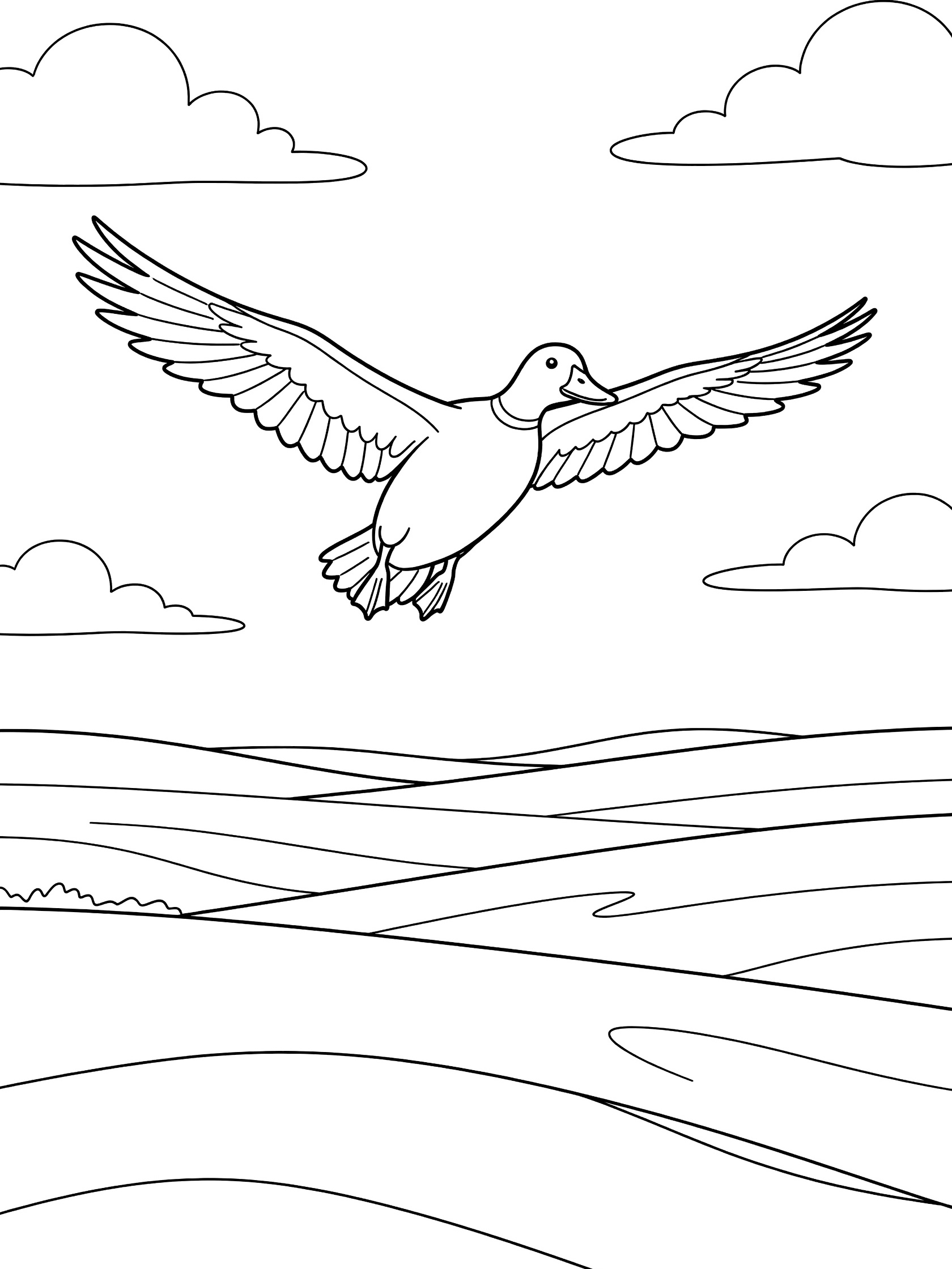 Black and white line art coloring page showing a duck soaring with wide wings over wavy hills, a river, grass patches, and fluffy clouds in the sky.