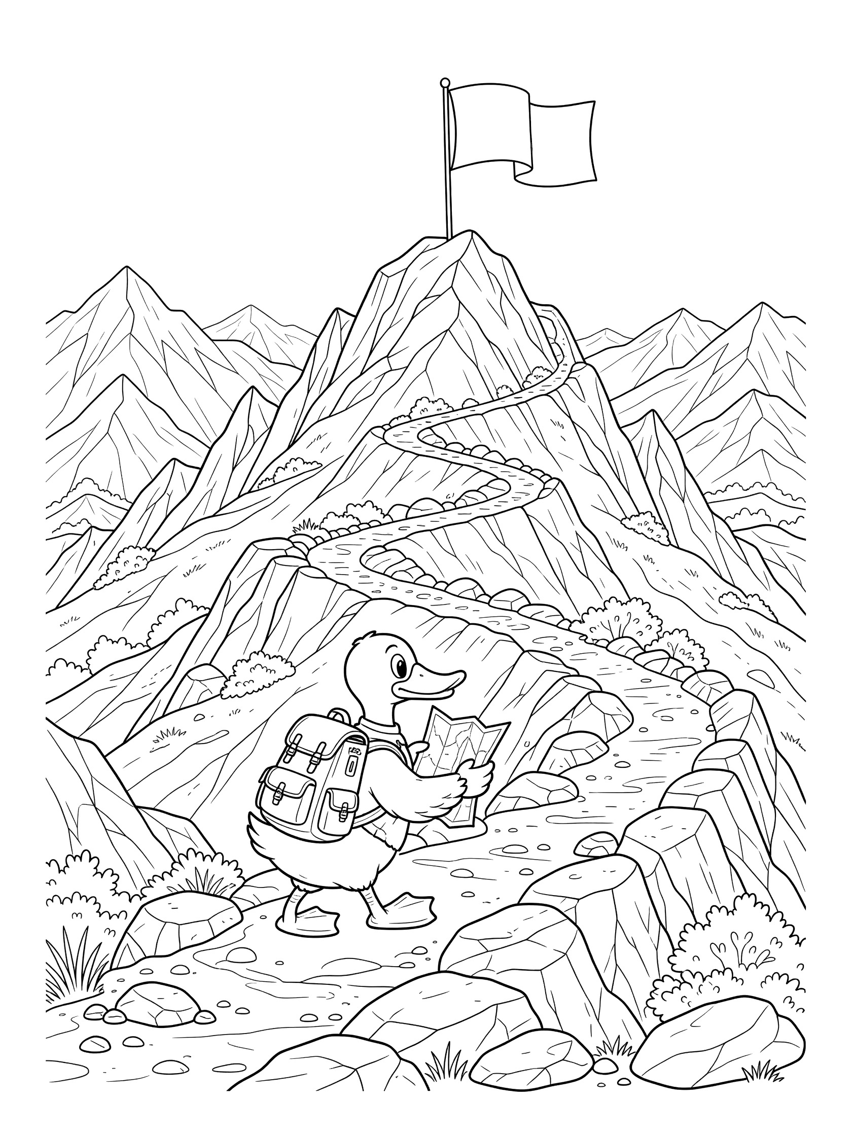 Black and white line art coloring page showing a duck with backpack and map hiking a winding path up a tall mountain with rocks, peaks, and a summit flag