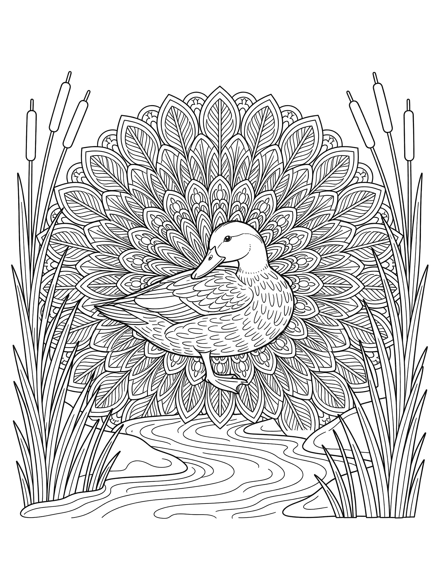 Black and white line art coloring page of a duck in a mandala design surrounded by reeds and a stream. Ducks themed black and white printable line art