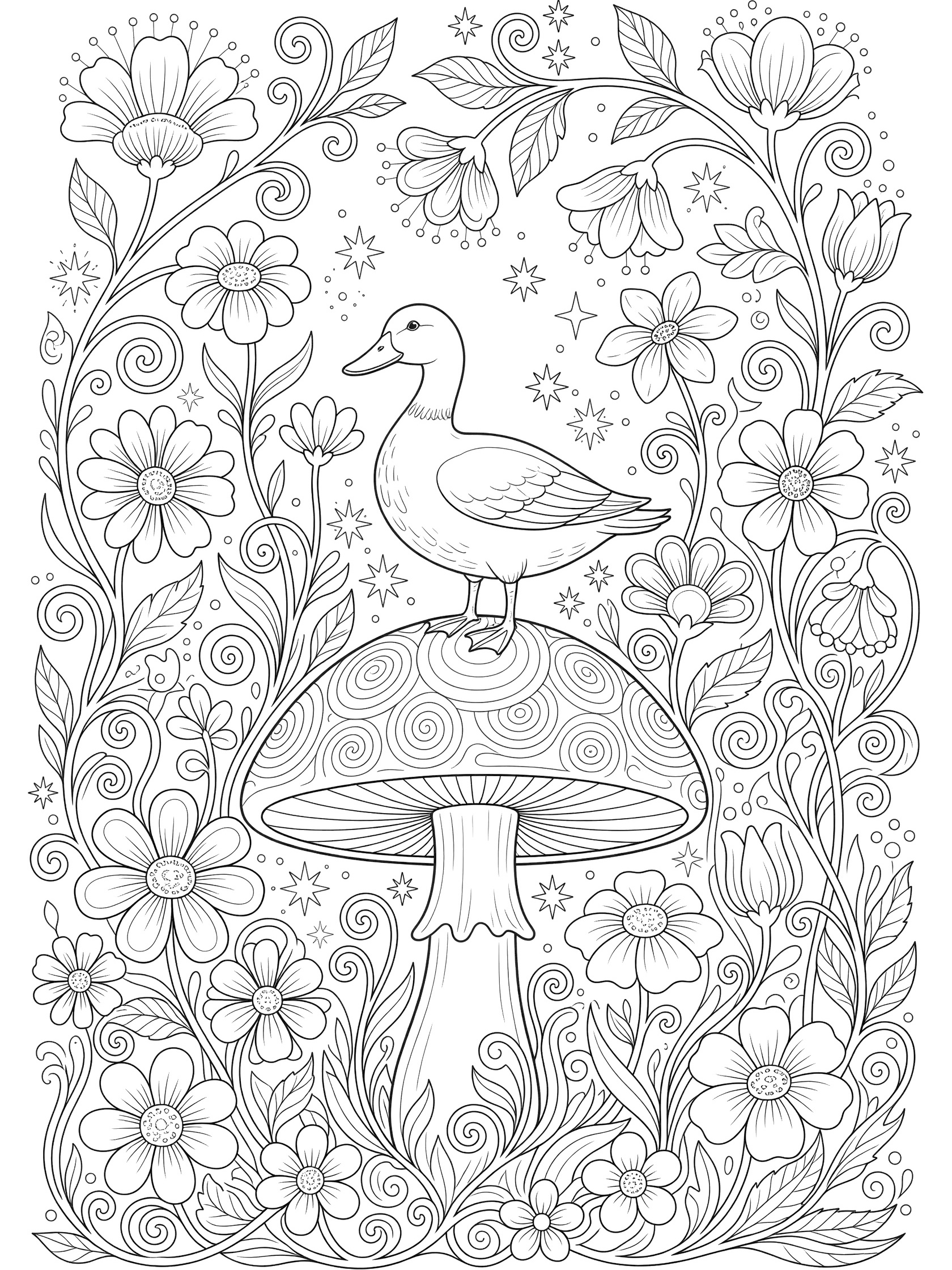 Black and white line art coloring page showing a duck perched on a large mushroom with flowers, vines, and stars around it.