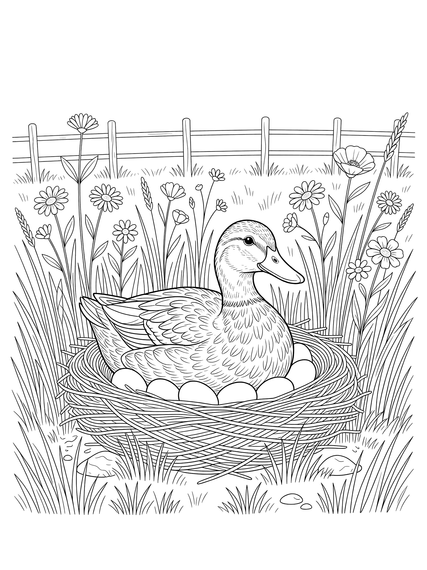 Black and white line art of a duck sitting on a nest with eggs, hidden in tall grass and wildflowers near a wooden farm fence. Ducks themed black and white printable line art