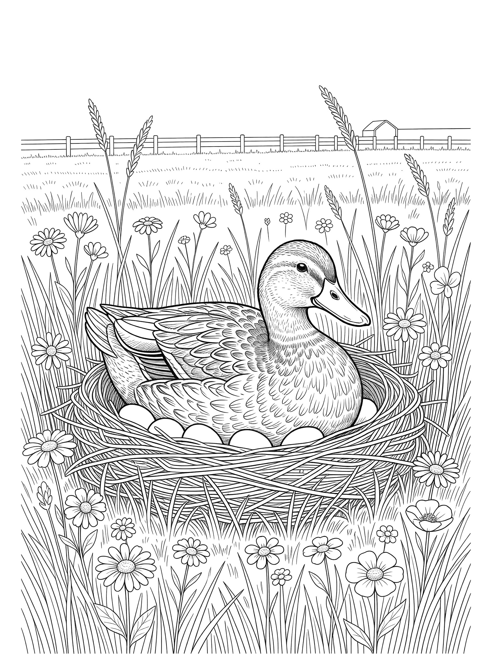 Black and white line art coloring page showing a duck on a nest with eggs surrounded by tall grass, wildflowers, and a farm in the background.
