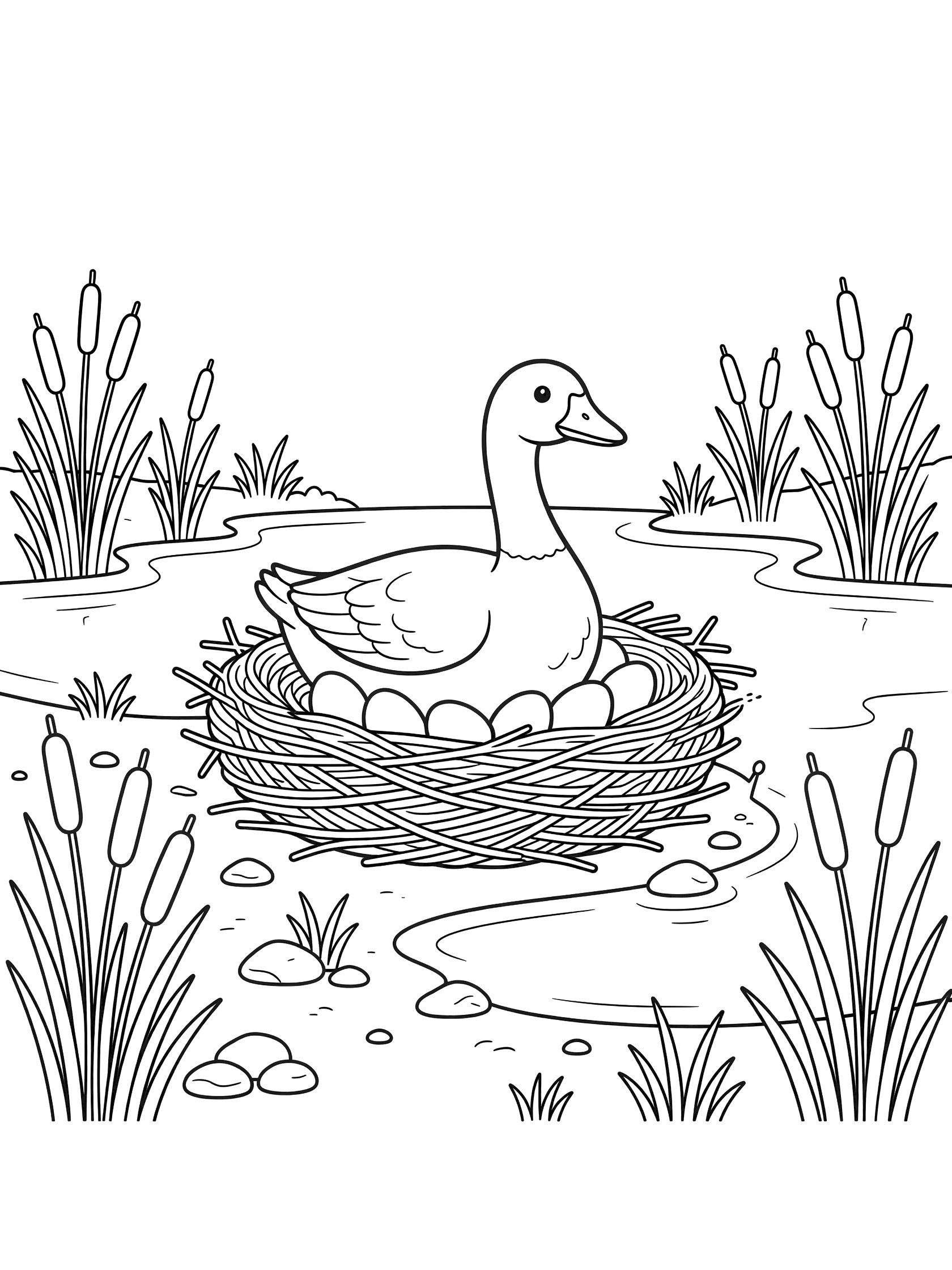 Black and white line art coloring page showing a duck sitting protectively on a nest full of eggs beside a pond with cattails, pebbles, and gentle water edges. Geese themed black and white printable line art