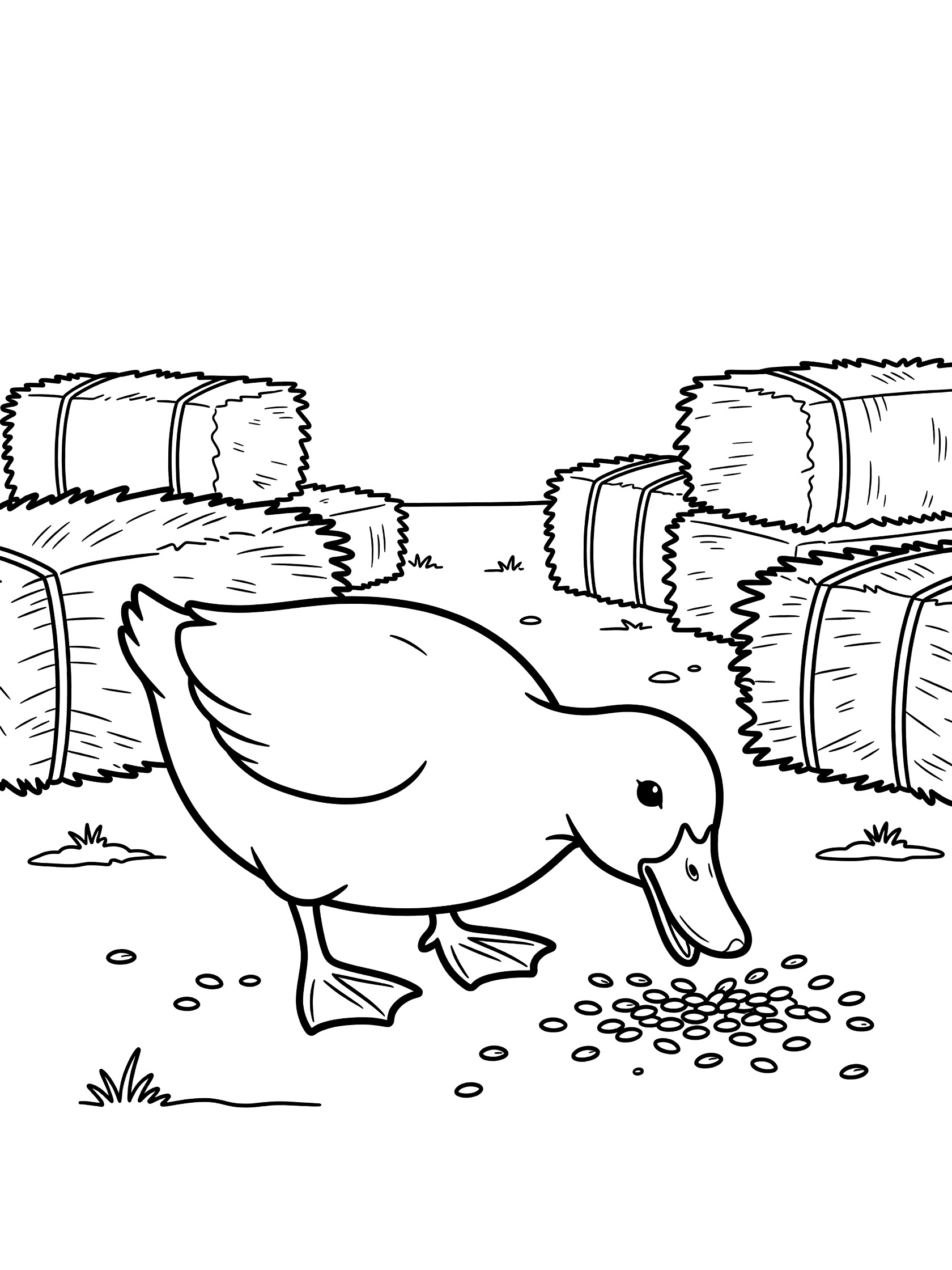 Black and white line art coloring page showing a plump duck with tilted head pecking scattered seeds on farm ground surrounded by stacked hay bales.