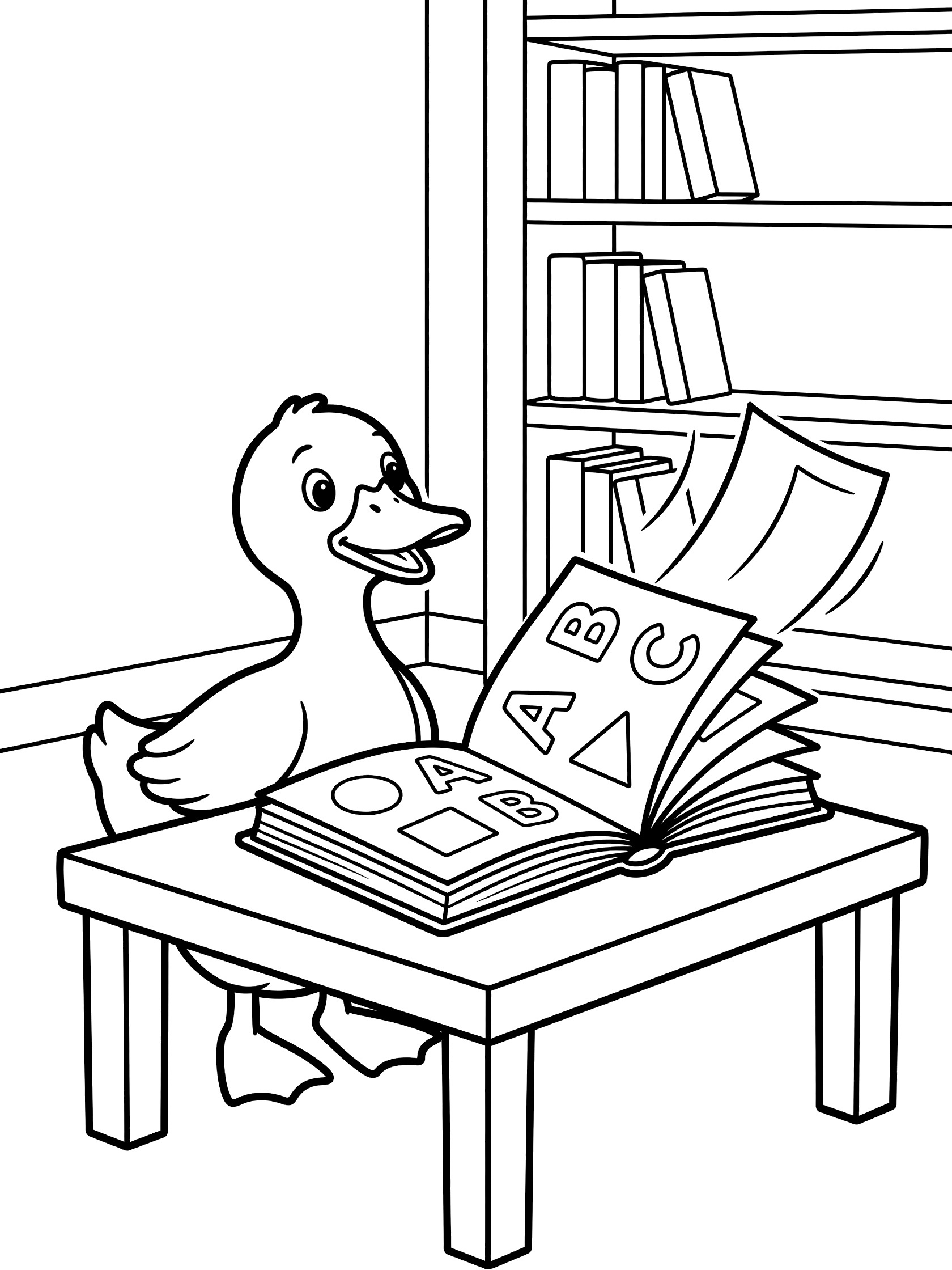 Black and white line art coloring page showing a duck sitting at a table with an open book displaying ABC letters and shapes, surrounded by library shelves with books.