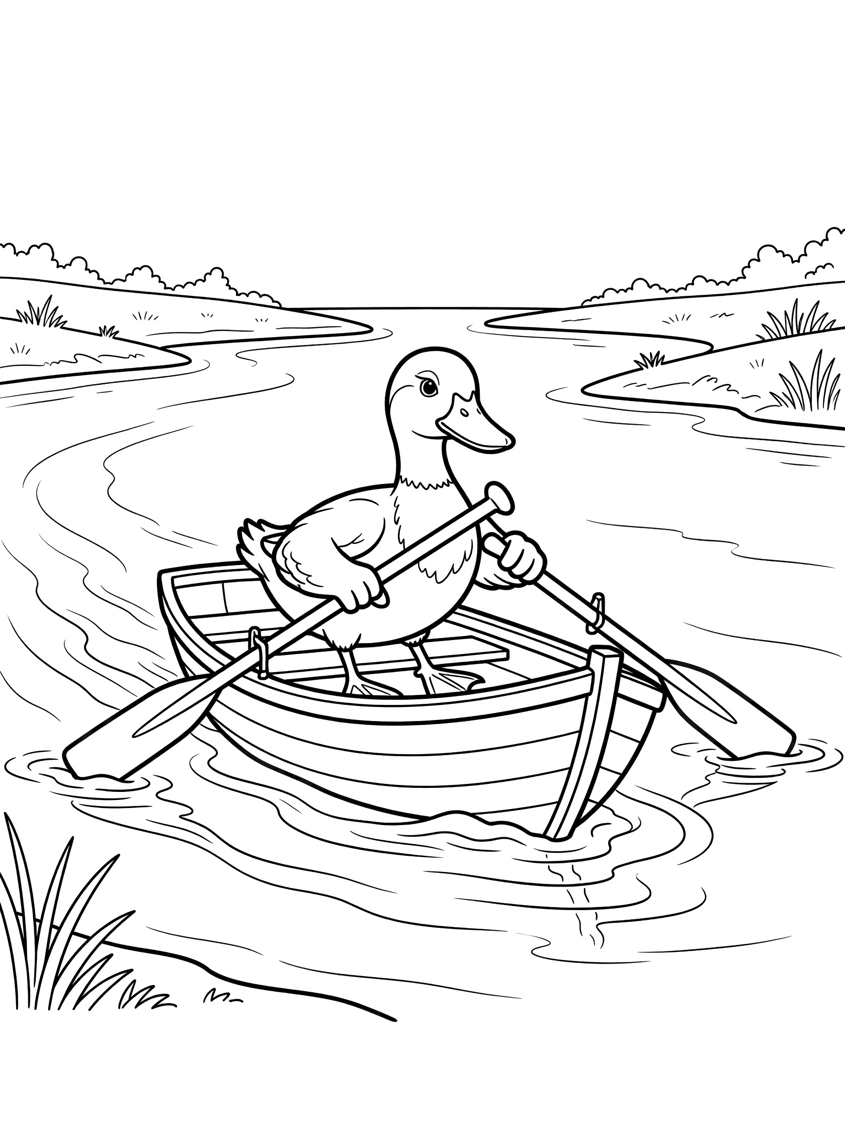 Black and white line art coloring page showing a duck sitting in a wooden boat holding oars, paddling on a river with water waves and grassy banks.