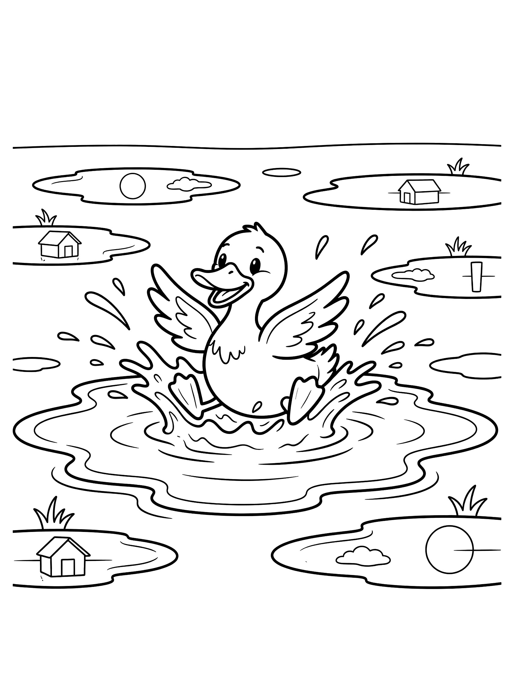 Black and white line art coloring page showing a playful duck splashing in a large puddle with flying water droplets, surrounded by smaller puddles reflecting houses, grass, sun and clouds.