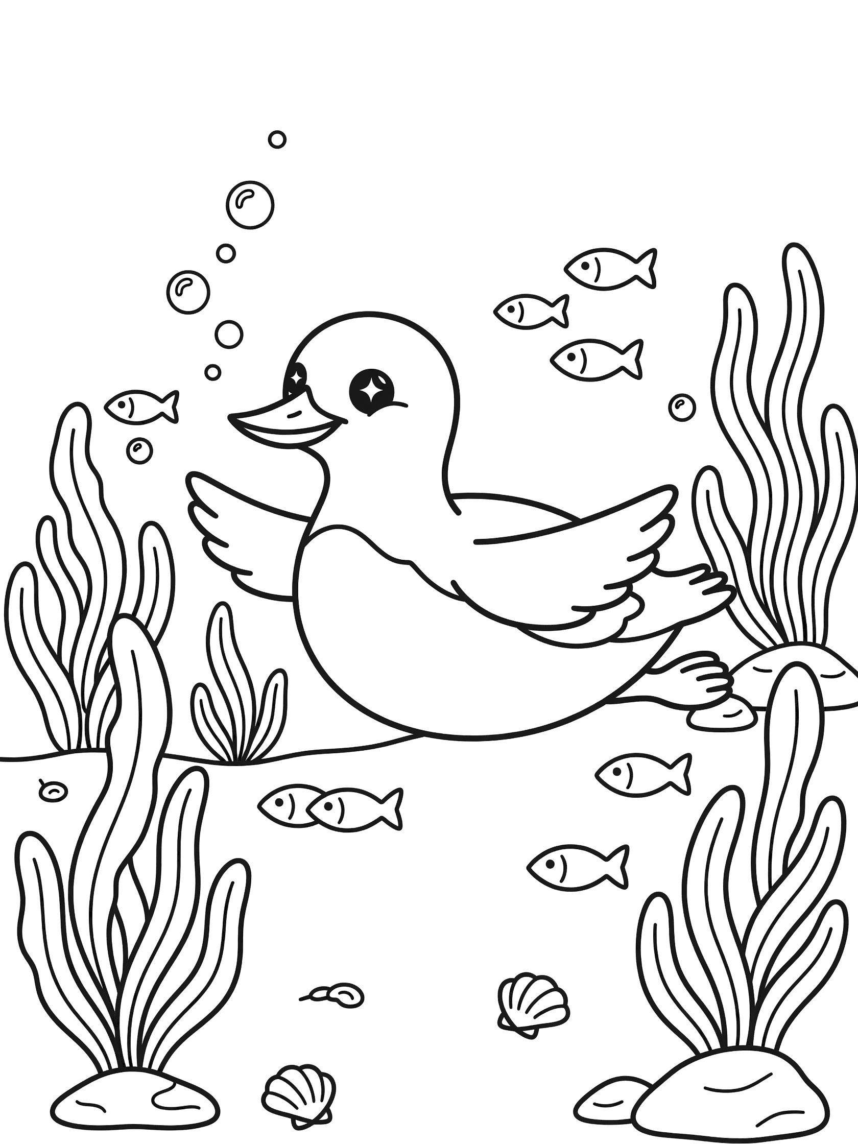 Black and white line art coloring page showing a duck swimming underwater surrounded by fish, seaweed, bubbles, and shells. Great Auk themed black and white printable line art