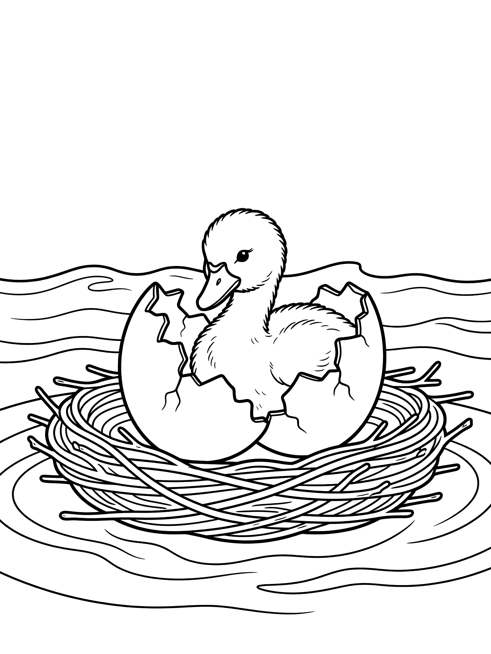 Black and white line art coloring page showing a fluffy duckling cracking out of a large egg in a twig nest surrounded by gentle waves. Swan themed black and white printable line art