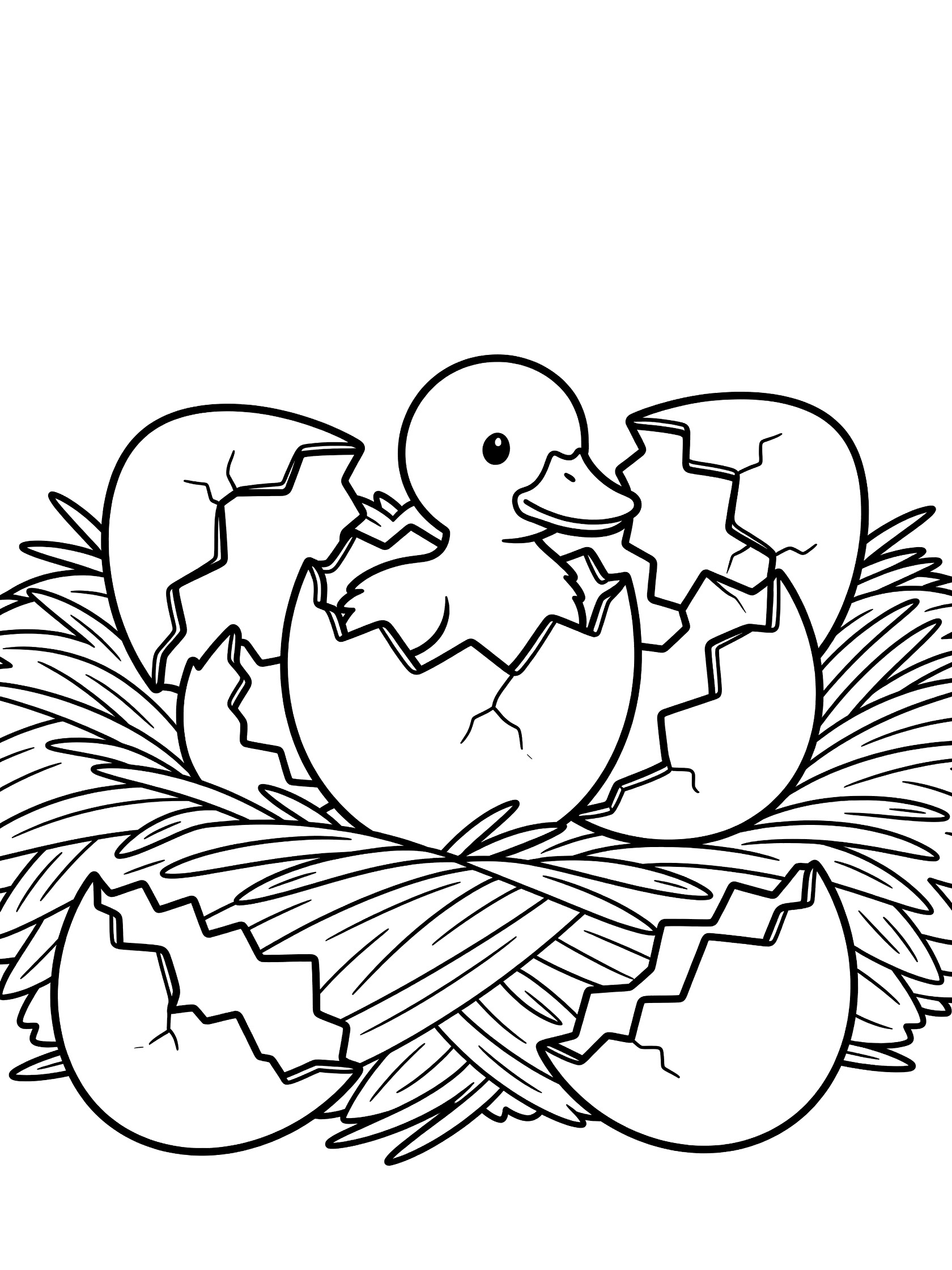 Black and white line art coloring page showing a duckling peeking out from a cracked eggshell in a nest made of straw.