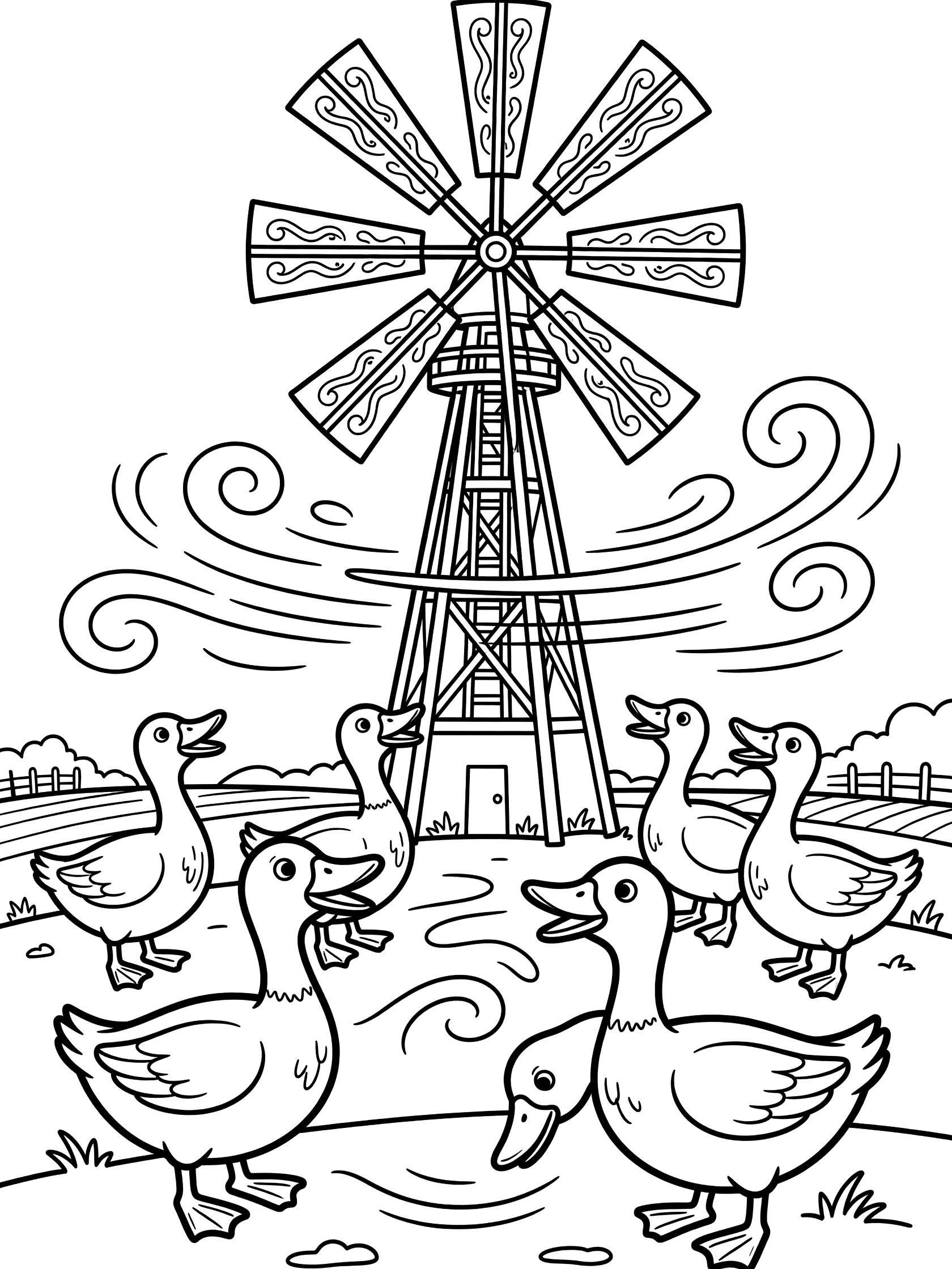 Printable coloring page showing several ducks gathered around a tall windmill with swirling wind lines on blades and curvy patterns.