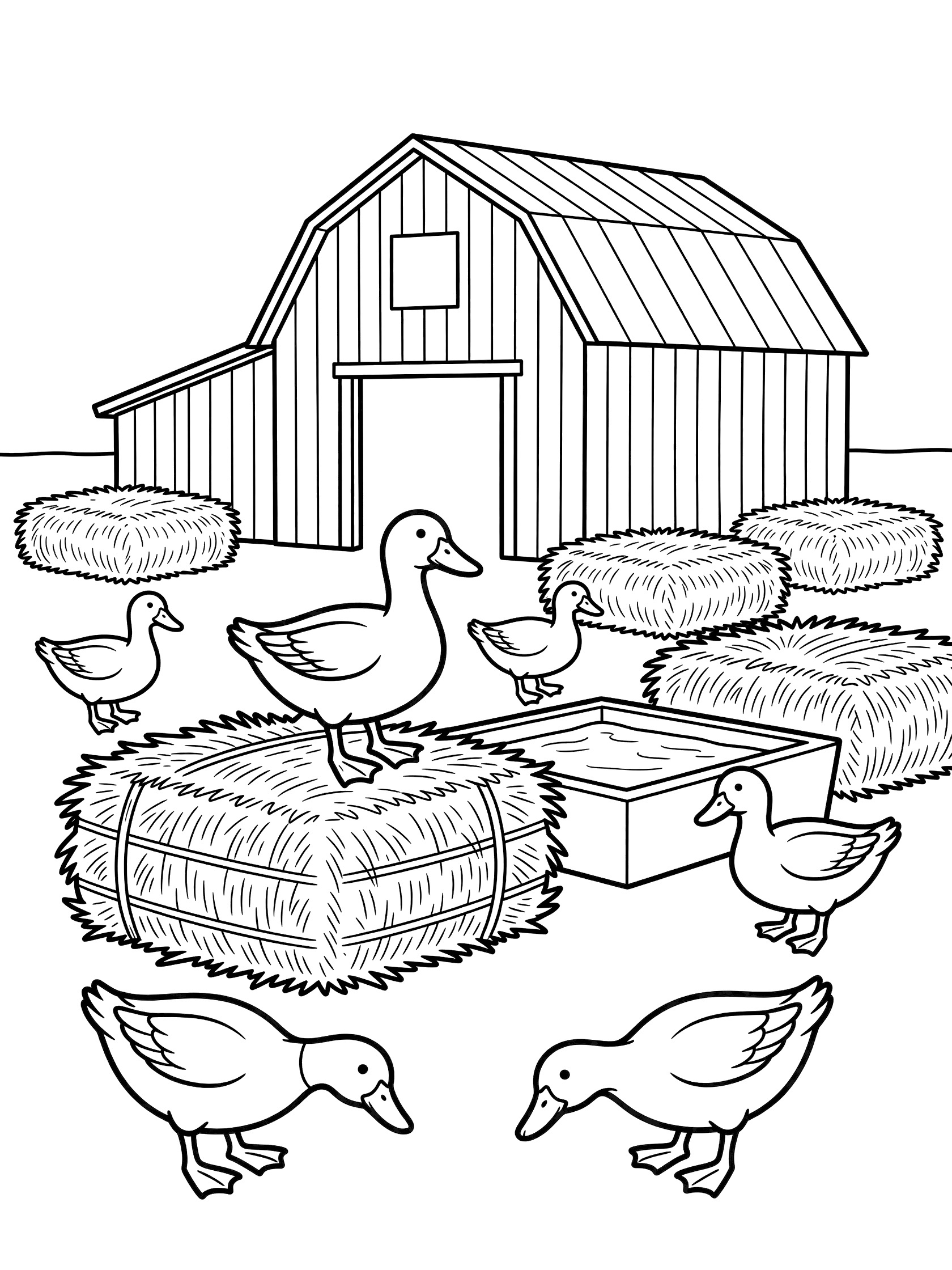 Black and white line art coloring page showing several ducks around a barn with hay bales and a water trough.