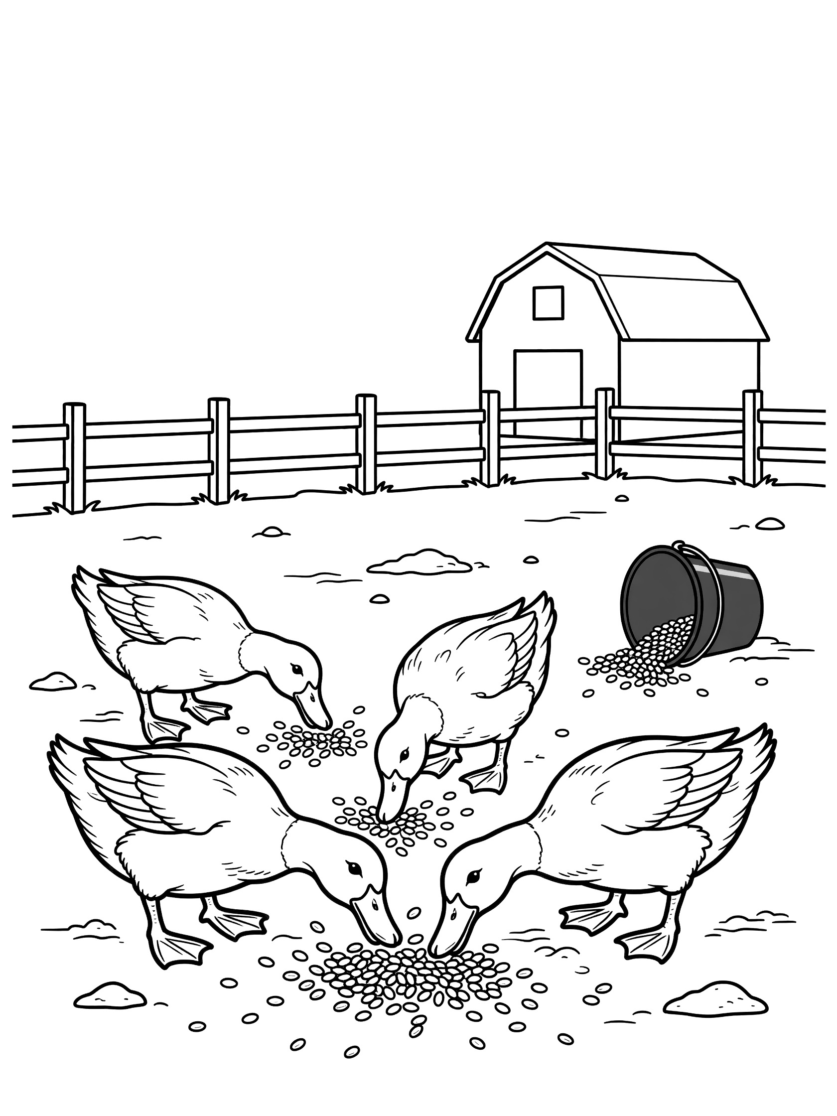 Printable coloring page showing four ducks eating scattered seeds on the ground by a farm barn, wooden fence, and tipped red bucket.
