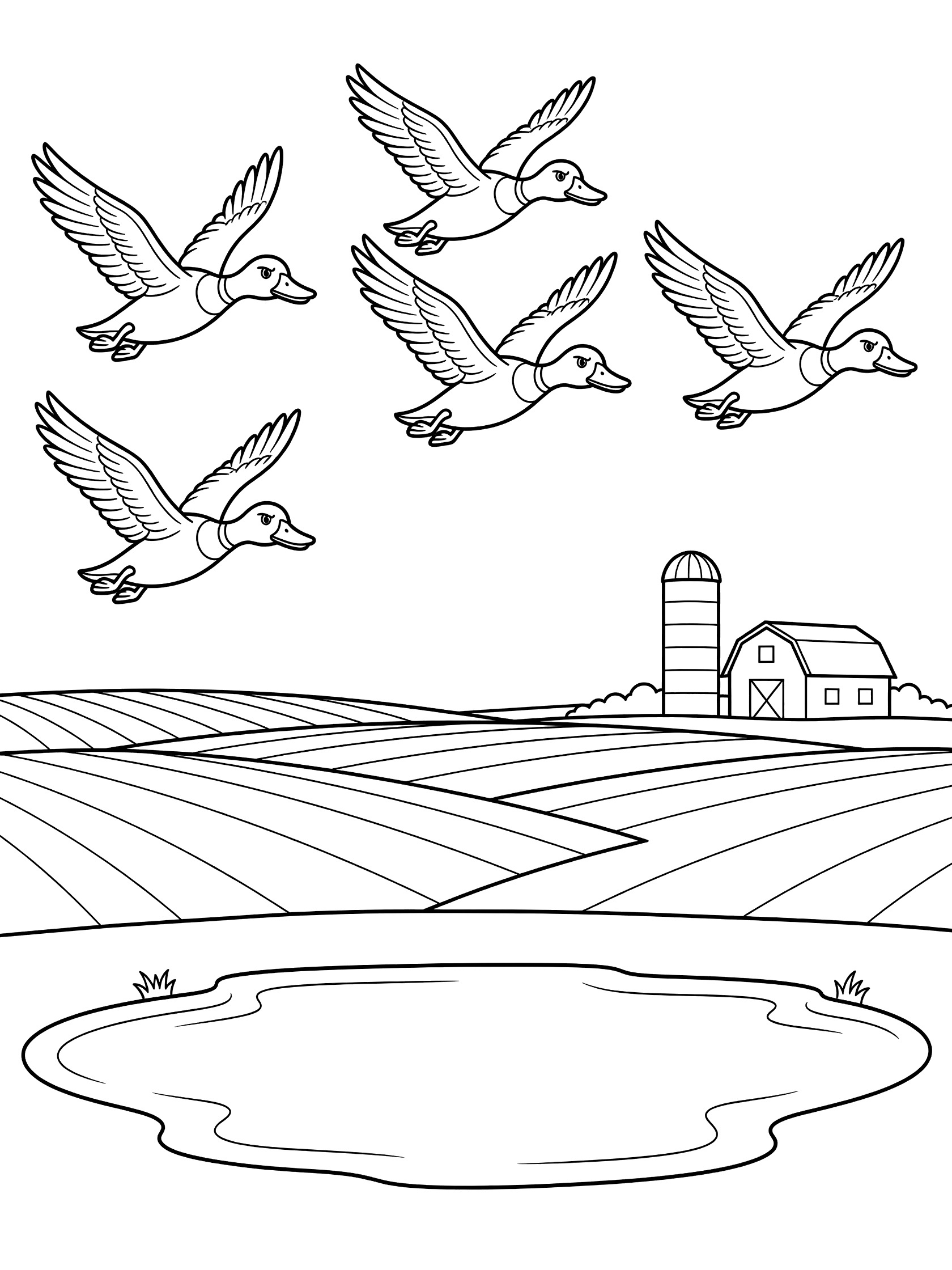 Black and white line art coloring page showing five ducks flying in a V shape above a farm scene with fields, barn, silo and pond.