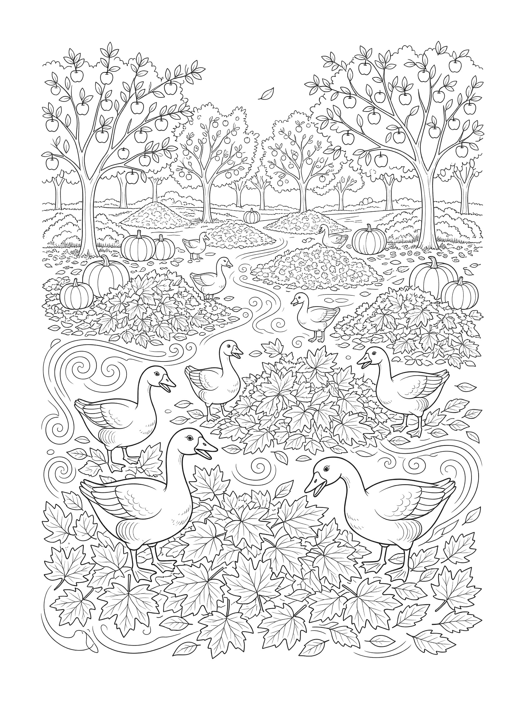 Black and white printable coloring page showing ducks foraging in fallen leaves around apple trees and pumpkins in a farm orchard. Geese themed black and white printable line art