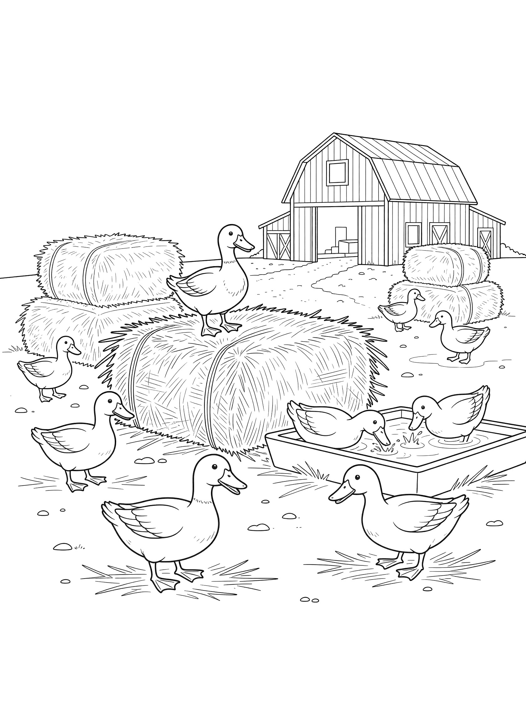 Black and white line art coloring page showing several ducks near a barn, stacked hay bales, and a water trough in a farmyard