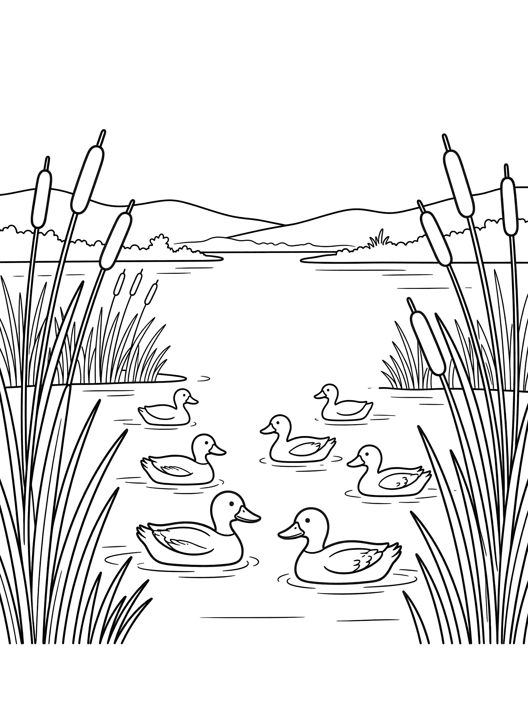 Black and white line art coloring page showing several ducks swimming in a pond framed by tall reeds and cattails, with smooth water and distant hills. Scenic Lakes themed black and white printable line art