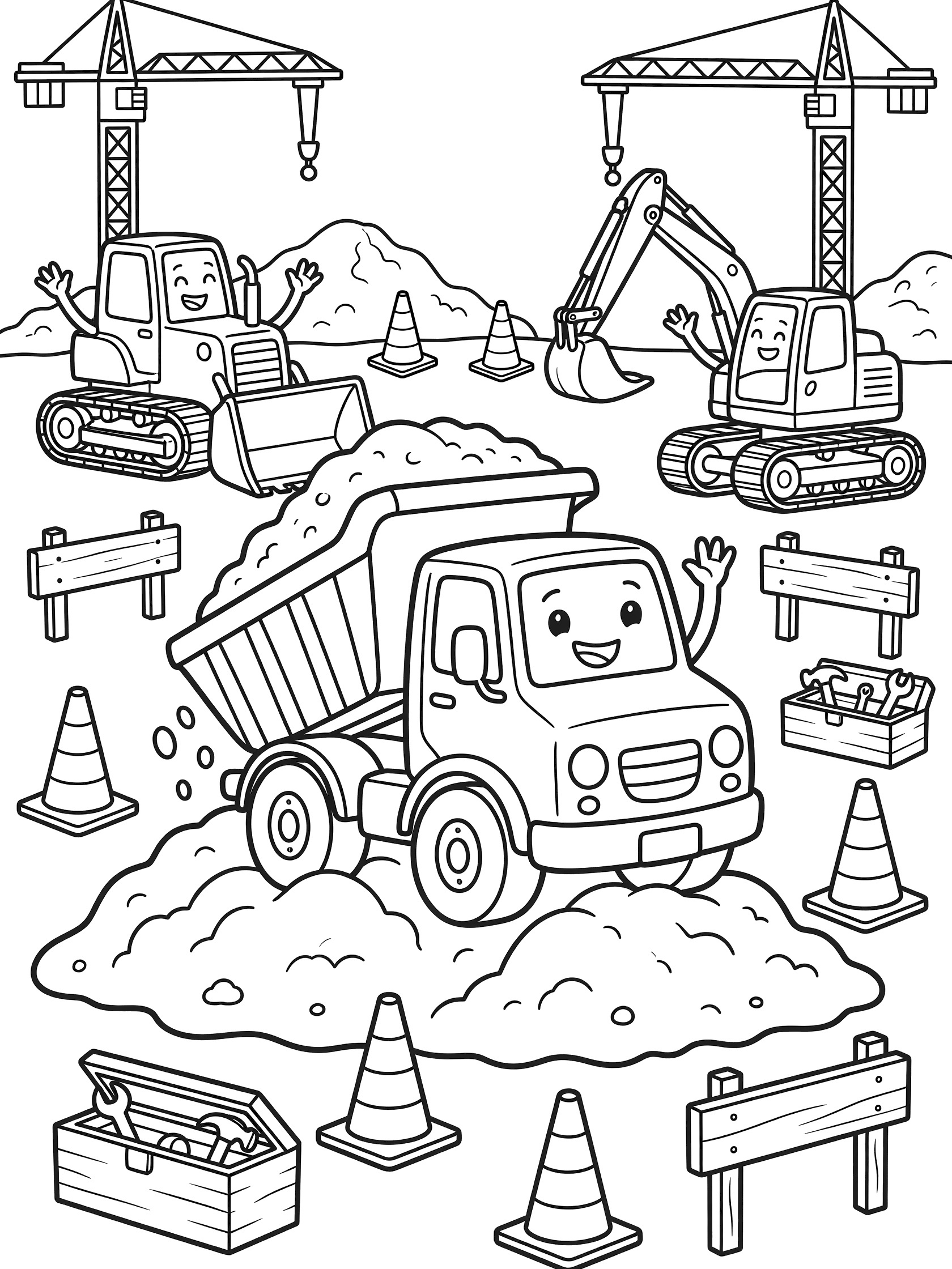 Black and white line art coloring page of a smiling dump truck tilted back dumping a big pile of dirt, with waving bulldozer and excavator nearby at a construction site full of cones, wooden barriers, toolboxes, and background cranes.