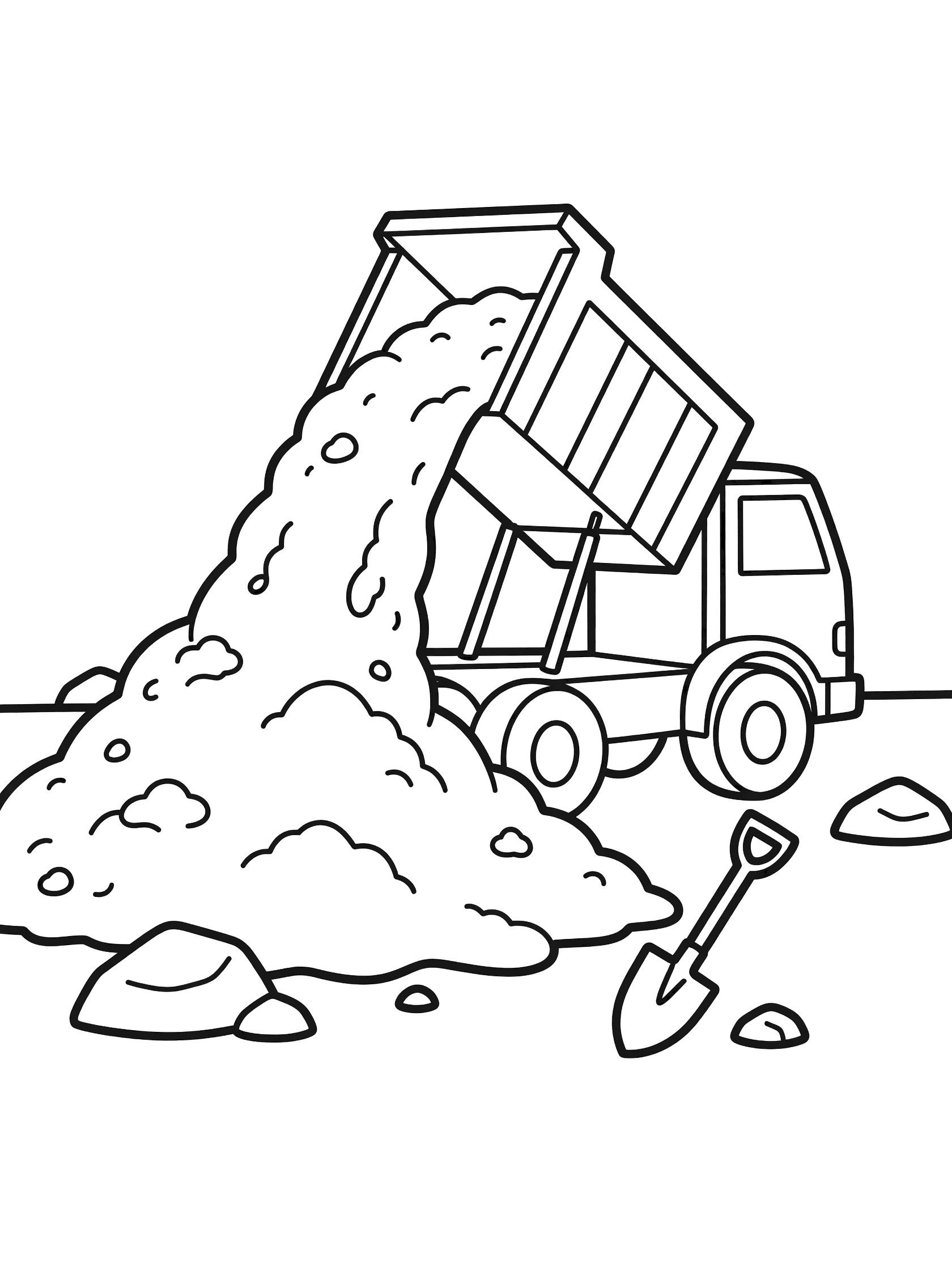 Black and white line art coloring page showing a dump truck dumping a large pile of dirt from its raised bed, with a shovel and rocks on the ground