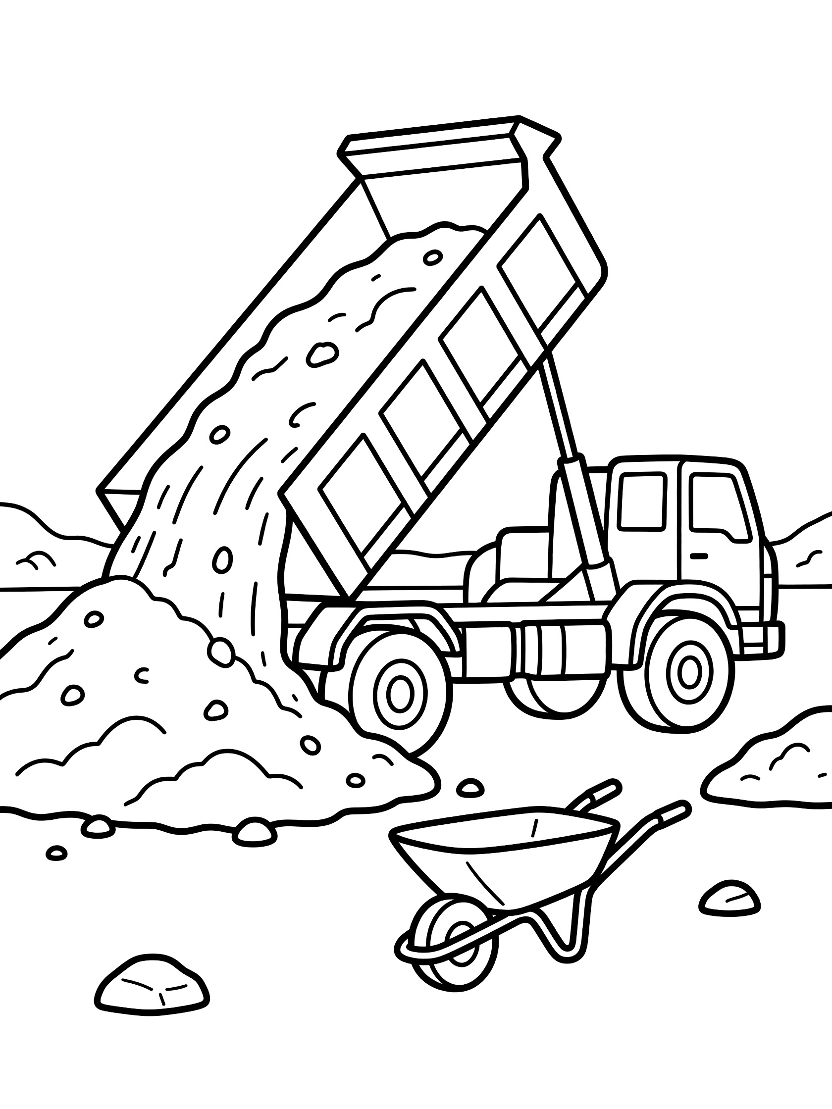 Black and white line art coloring page showing a large dump truck with raised bed dumping a pile of gravel on the ground, rocks nearby, and a wheelbarrow at a construction site. Payload Dumper themed black and white printable line art
