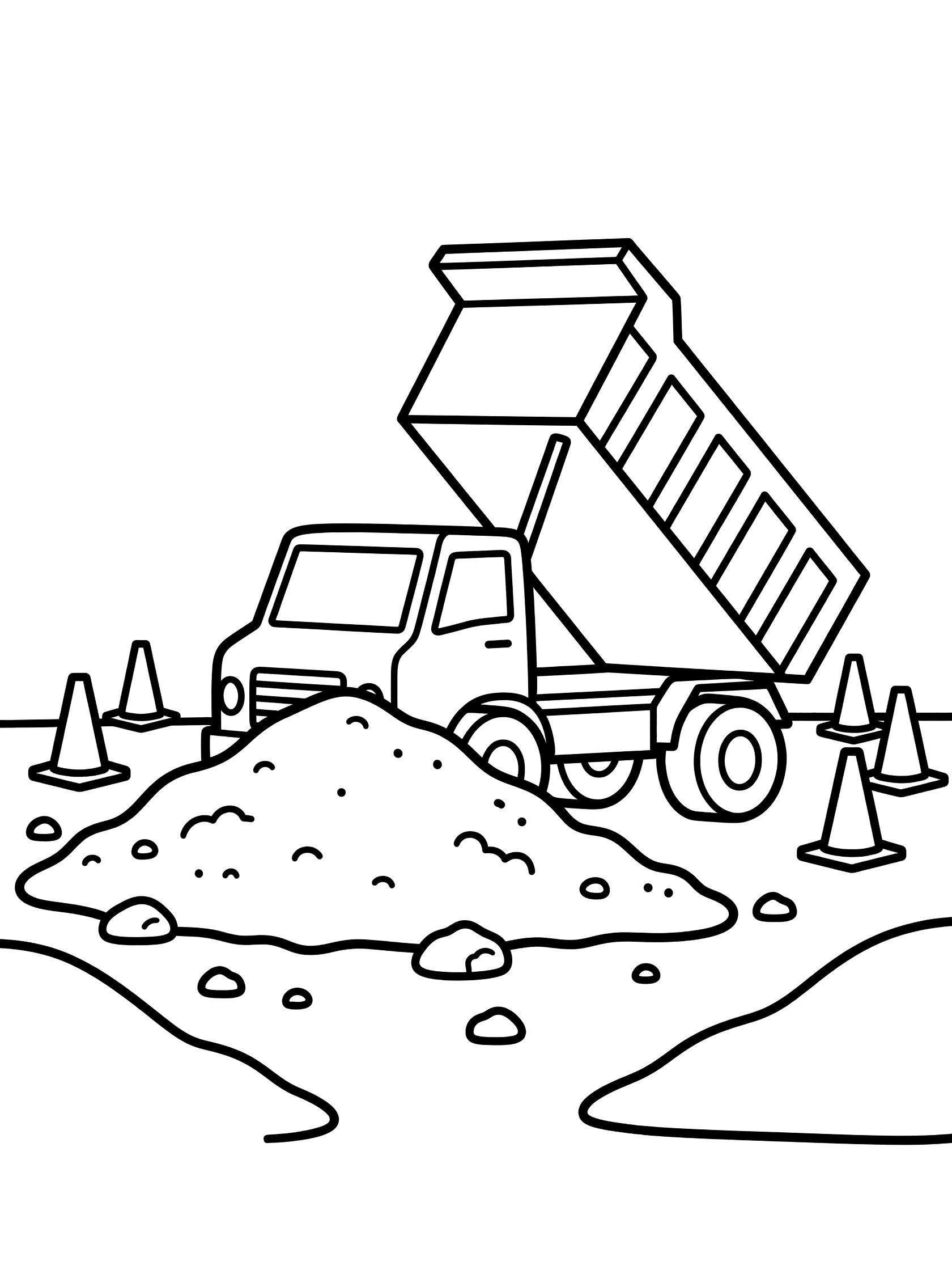 Black and white line art coloring page showing a dump truck dumping a pile of gravel with scattered rocks and construction cones nearby.